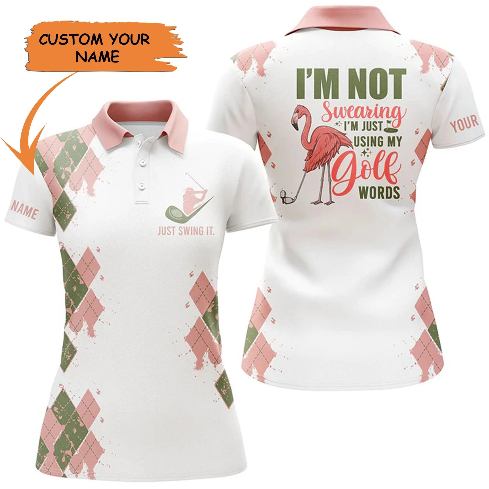 Golf Custom Name Women Polo Shirt, Funny Flamingo Argyle Pattern Golf Words Personalized Women Polo Shirt - Gift For Ladies, Golf Lovers, Golfers