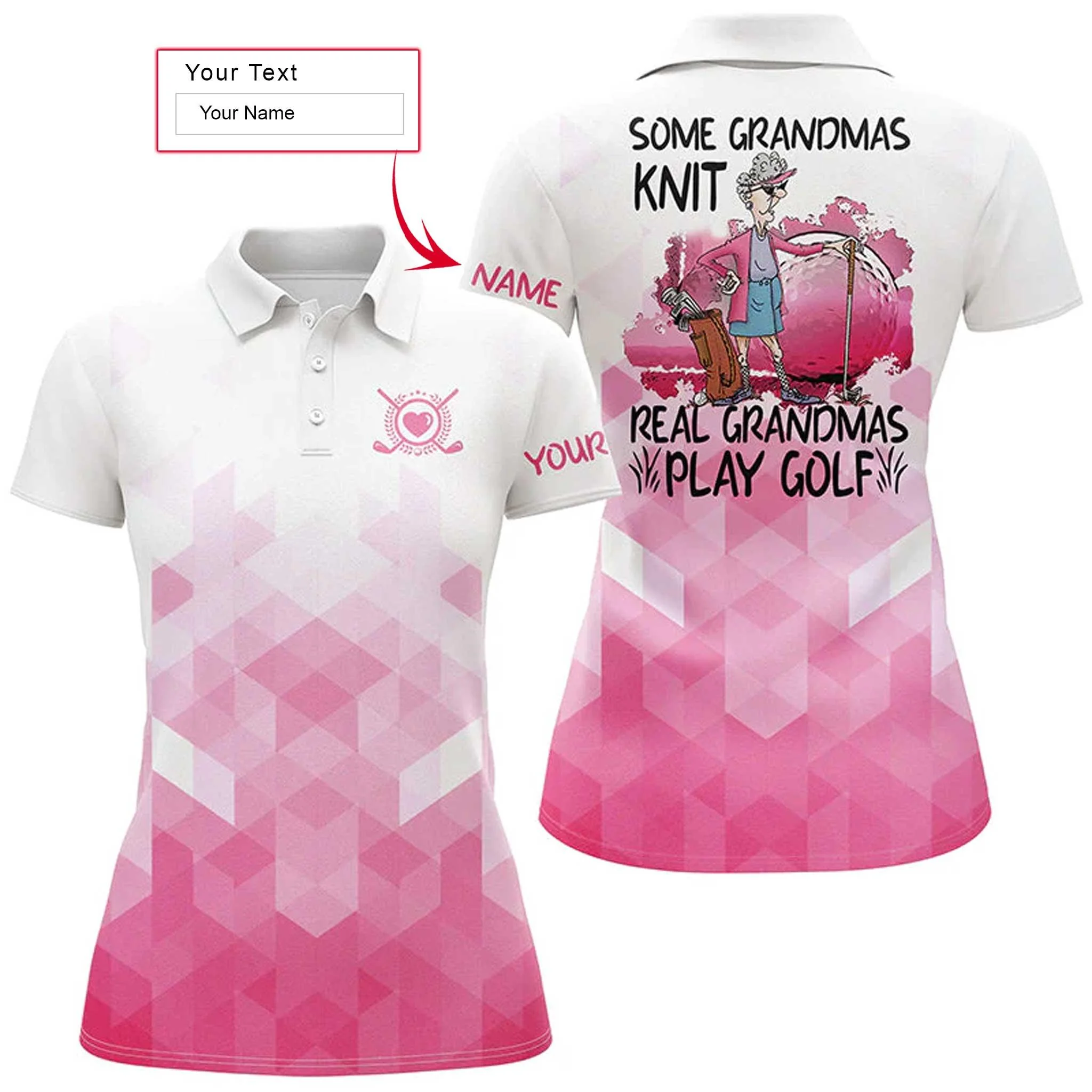 Golf Custom Name Women Polo Shirt, Funny Pink White Personalized Women Polo Shirts, Some Grandmas Knit Real Grandmas Play Golf