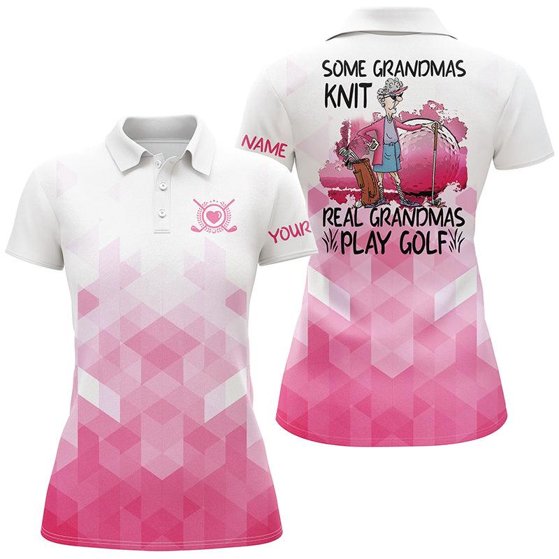 Golf Custom Name Women Polo Shirt, Funny Pink White Personalized Women Polo Shirts, Some Grandmas Knit Real Grandmas Play Golf - Image 2