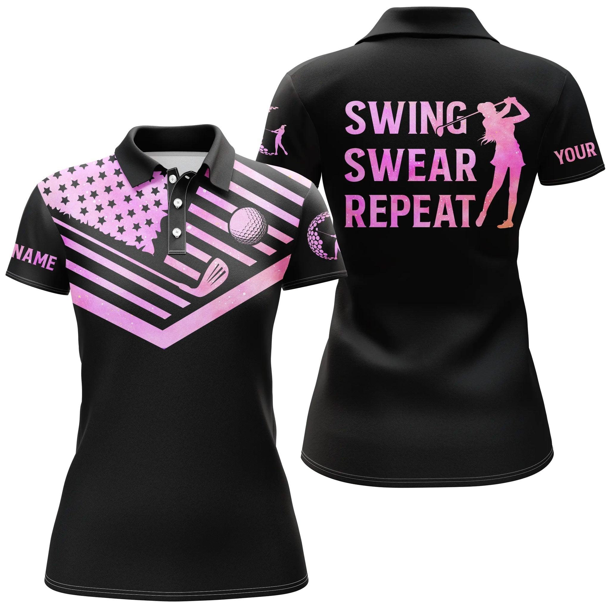 Golf Custom Name Women Polo Shirt, Galaxy American Flag Swing Swear Repeat White Personalized Women Polo Shirts, Golfing Gift For Ladies, Golfers - Image 4