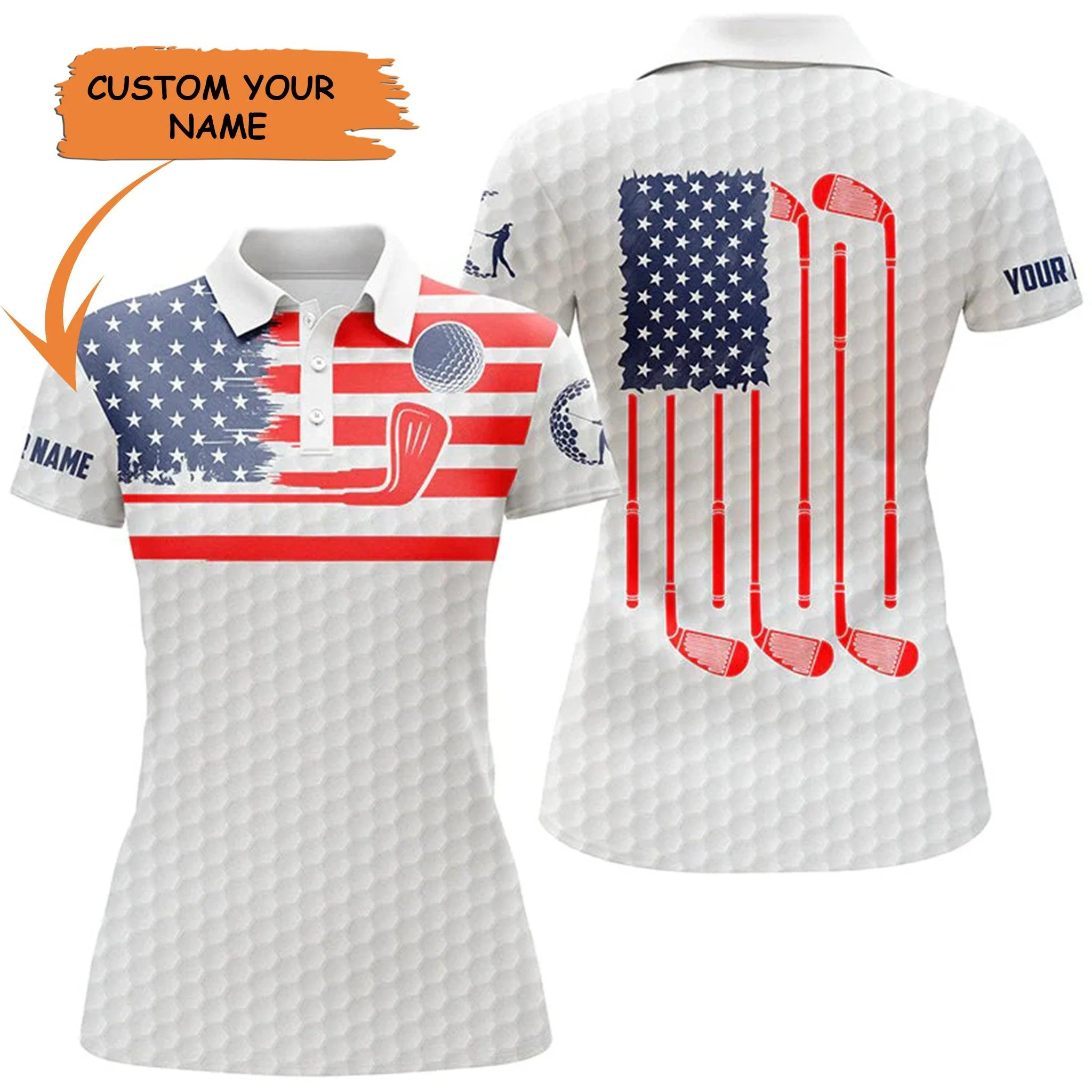 Golf Custom Name Women Polo Shirt, Golf Clubs American Flag Personalized Women Polo Shirt - Perfect Gift For Ladies, Girls, Golf Lovers, Golfers