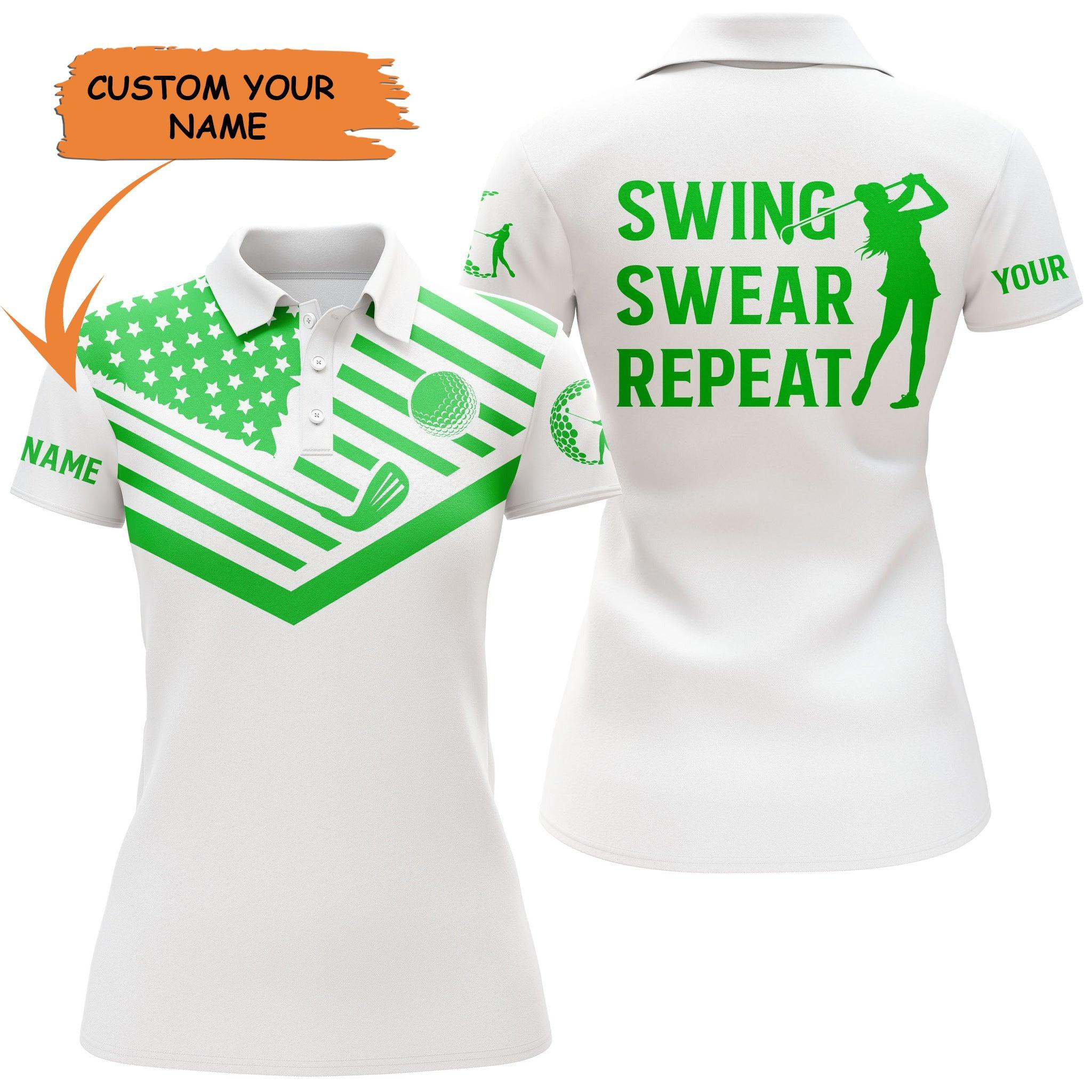Golf Custom Name Women Polo Shirt, Green American Flag Pattern Personalized Women Polo Shirt- Perfect Gift For Ladies, Golf Lovers, Golfers