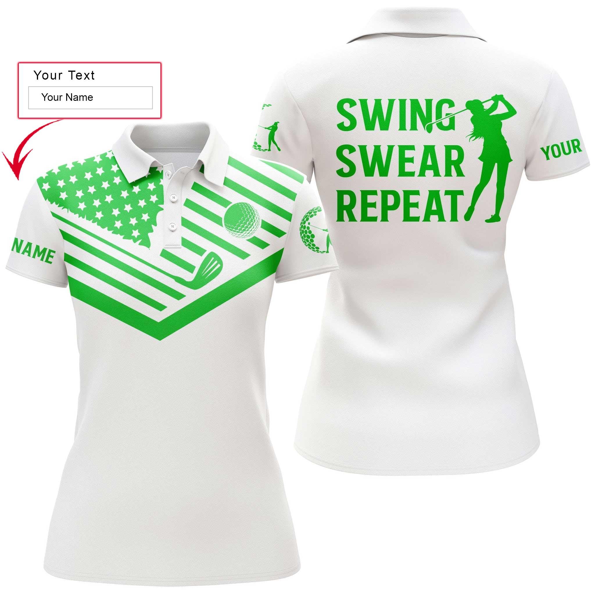 Golf Custom Name Women Polo Shirt, Green American Flag Swear Repeat White Personalized Women Polo Shirts, Golfers Gift For Ladies, Golf Lovers