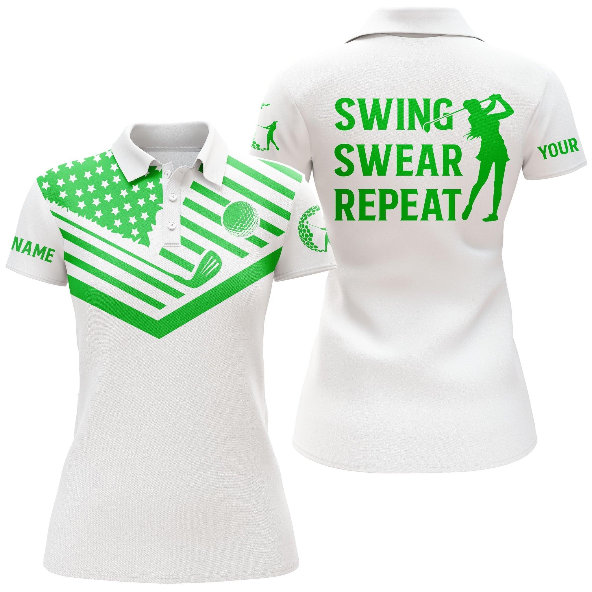 Golf Custom Name Women Polo Shirt, Green American Flag Swear Repeat White Personalized Women Polo Shirts, Golfers Gift For Ladies, Golf Lovers - Image 2