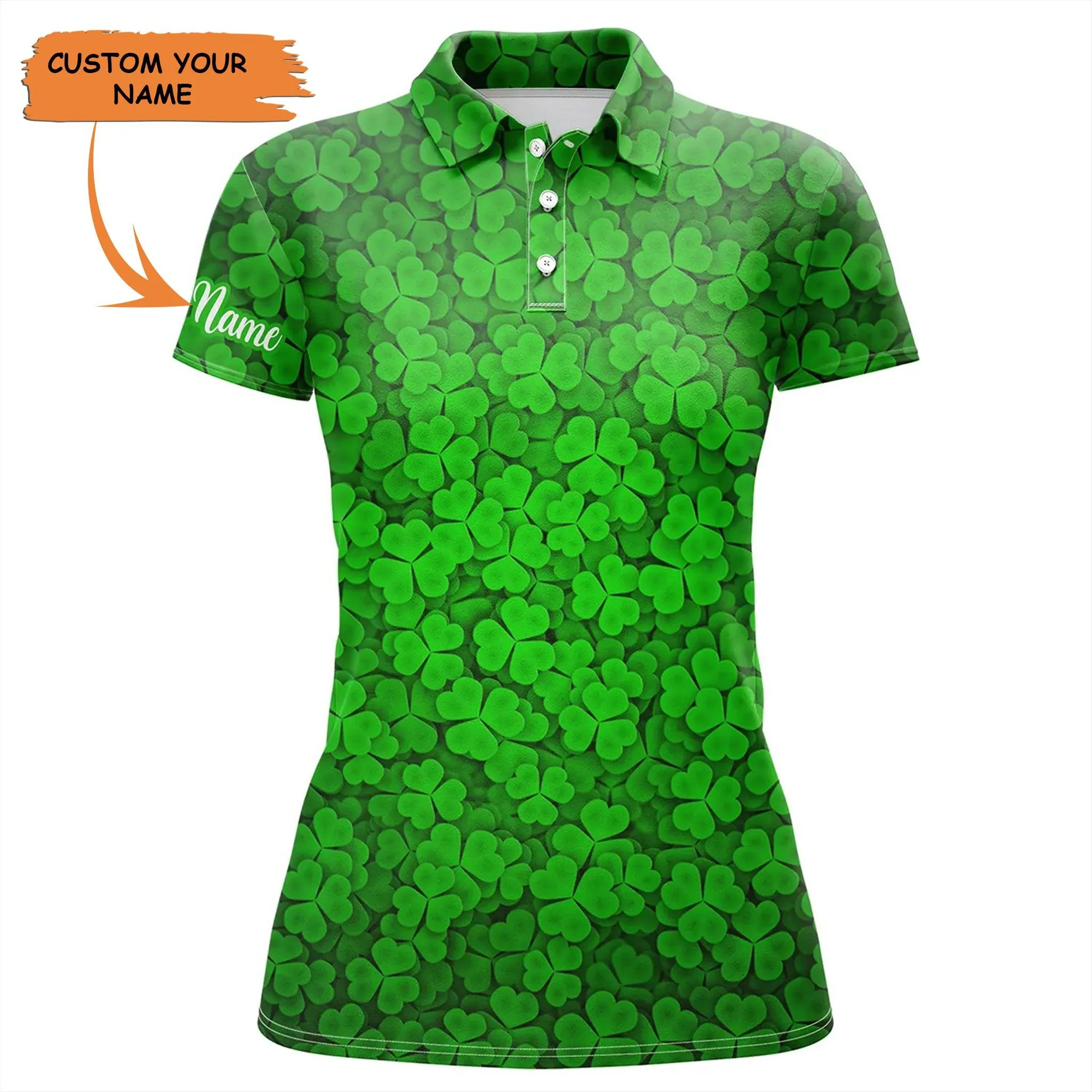 Golf Custom Name Women Polo Shirt, Green Clover Background Personalized Women Polo Shirt - Perfect Gift For Ladies, Golf Lovers, Golfers