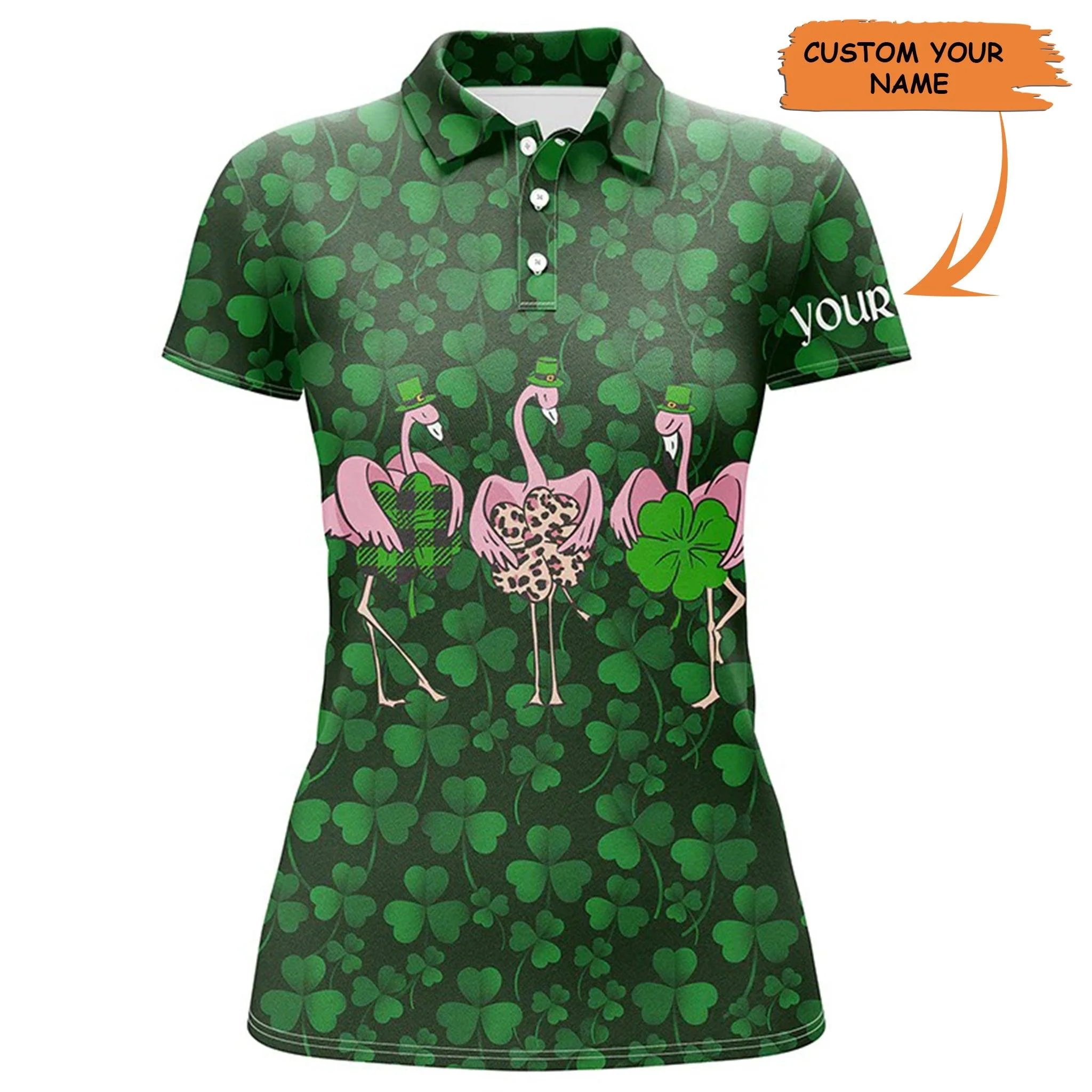 Golf Custom Name Women Polo Shirt, Green Clover St Patrick Day Background Personalized Women Polo Shirt, Perfect Gift For Ladies, Golf Lovers, Golfers