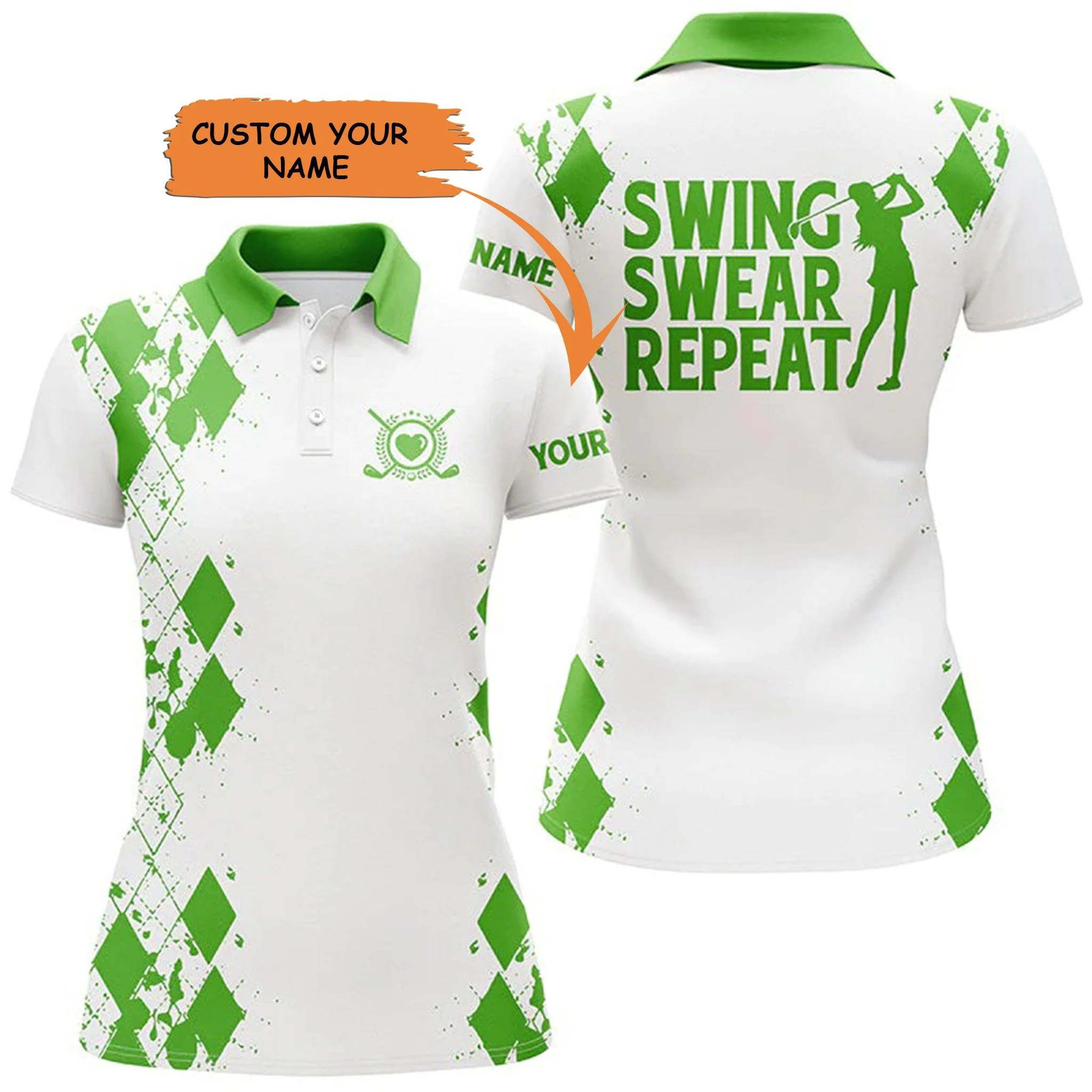 Golf Custom Name Women Polo Shirt, Green Swing Swear Repeat Personalized Women Polo Shirt - Perfect Gift For Ladies, Golf Lovers, Golfers