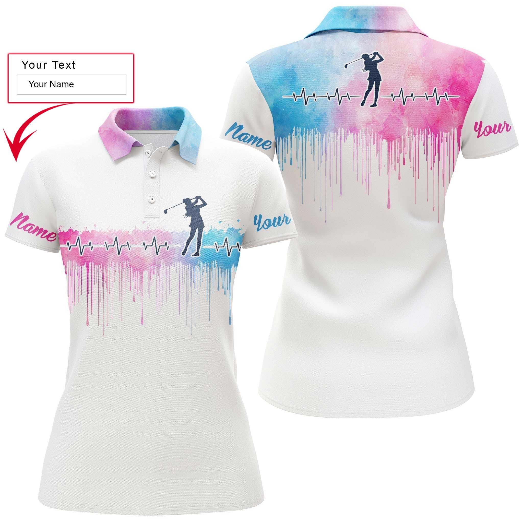 Golf Custom Name Women Polo Shirt, Heartbeat Golfer Pink Blue Watercolor Personalized Women Polo Shirts, Golfing Gift For Ladies, Golfers, Golf Lovers