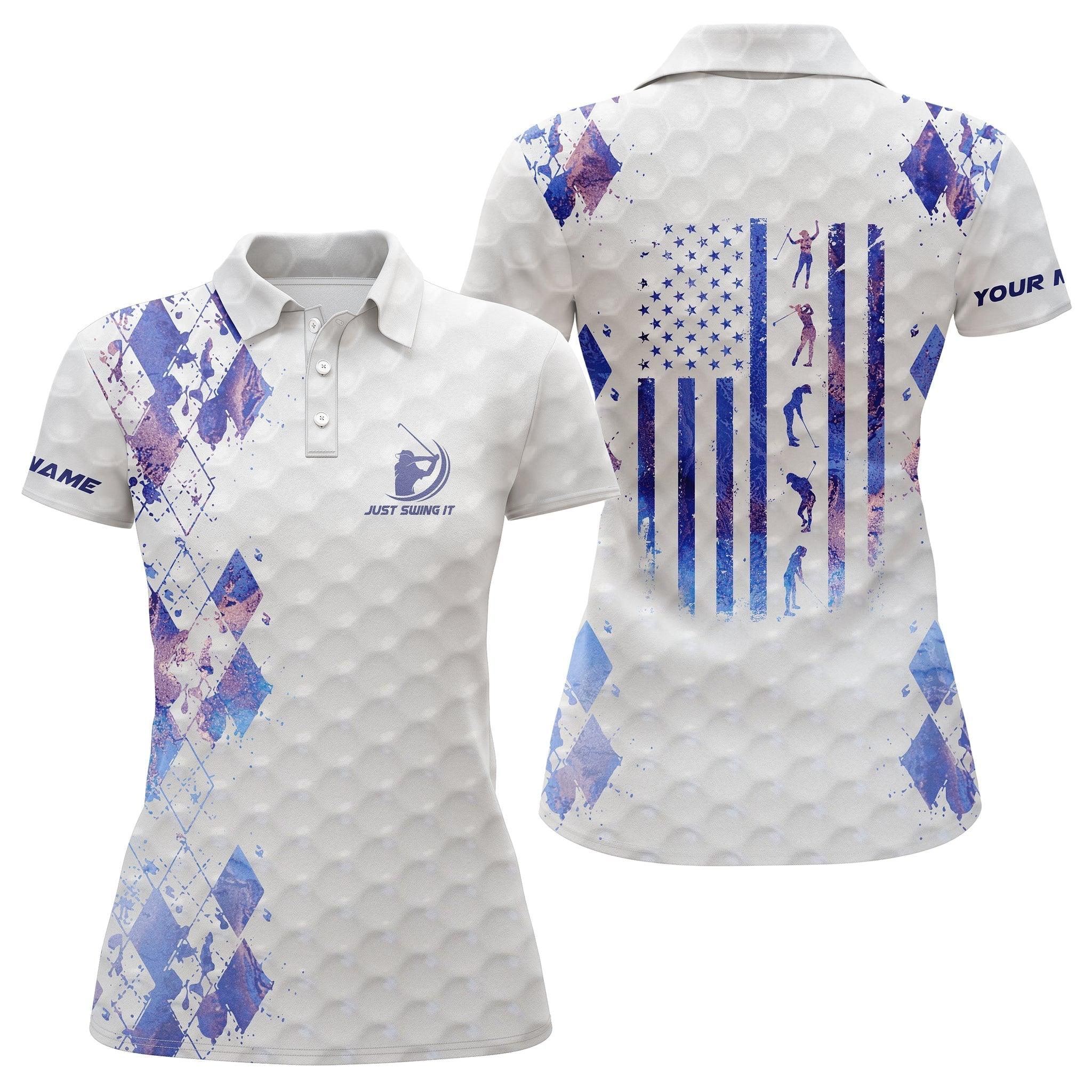 Golf Custom Name Women Polo Shirt, Just Swing It American Flag Patriotic Galaxy Personalized Women Polo Shirts, Gift For Ladies, Golfers, Golf Lovers - Image 2