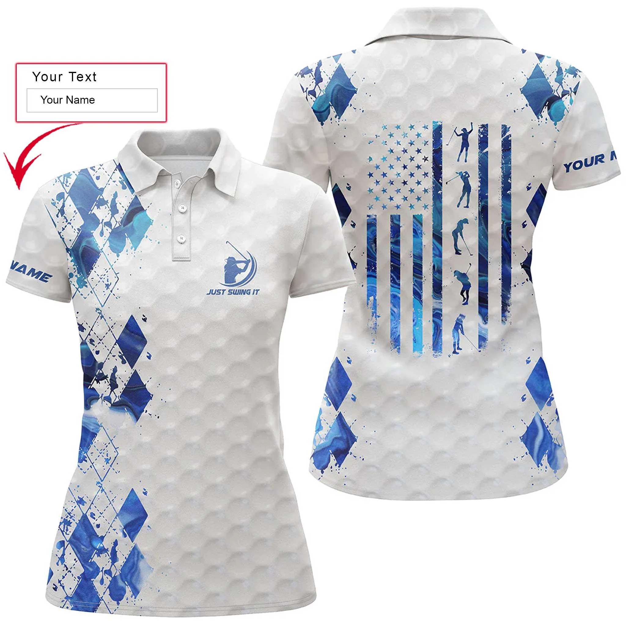 Golf Custom Name Women Polo Shirt, Just Swing It American Flag Patriotic Personalized Women Polo Shirts, Perfect Gift For Ladies, Golfers, Golf Lovers