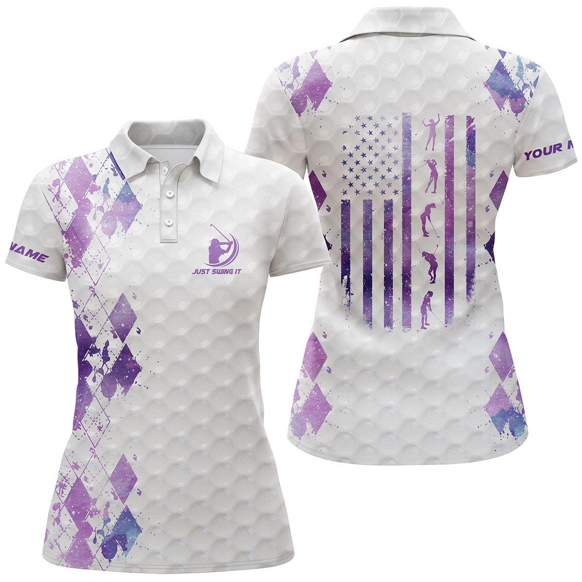 Golf Custom Name Women Polo Shirt, Just Swing It American Flag Patriotic Purple Galaxy Personalized Women Polo Shirts, Gift For Ladies, Golfers - Image 2