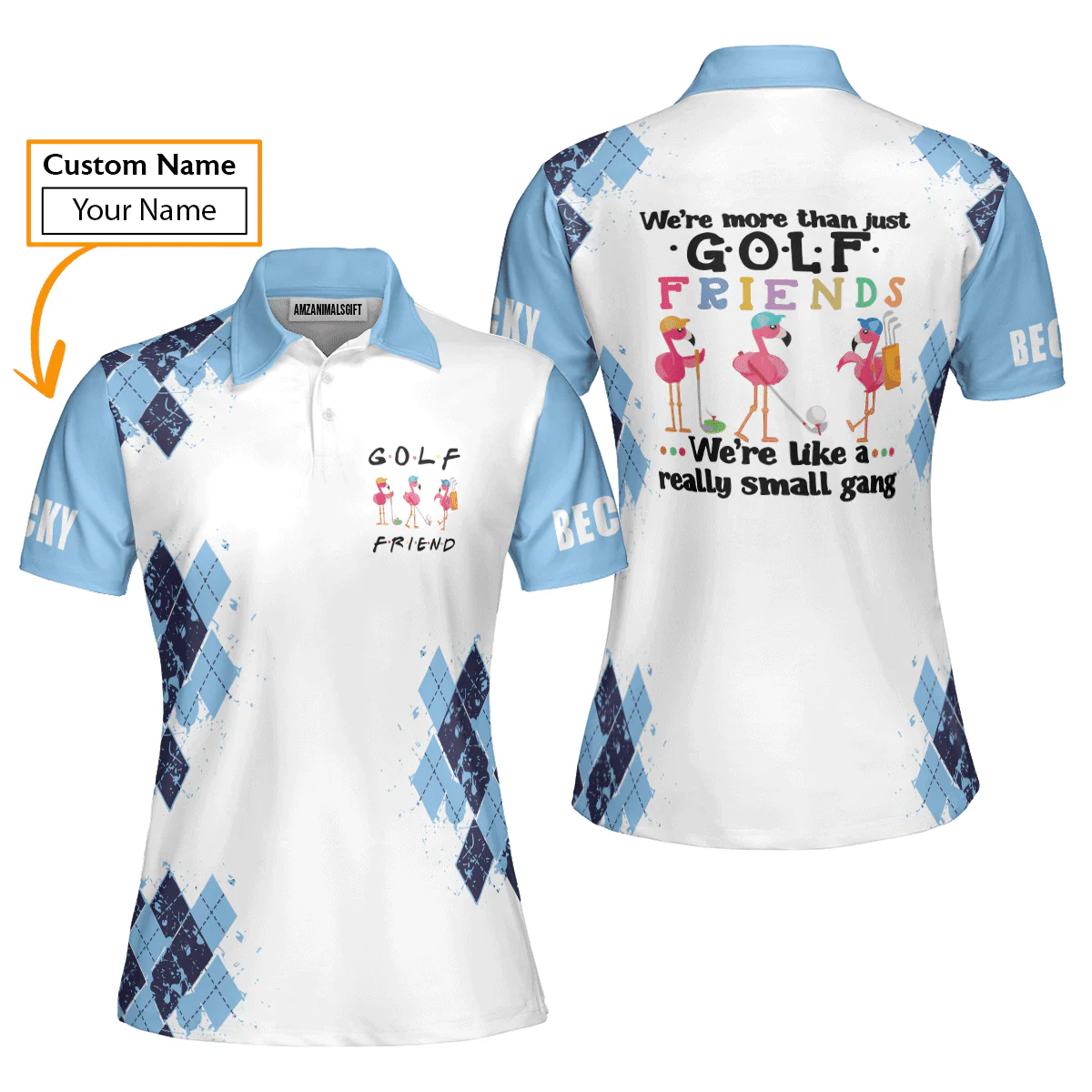 Golf Custom Name Women Polo Shirt, Light Blue Flamingo Play Golf Golf Friend Personalized Women Polo Shirt - Gift For Ladies, Golf Lovers, Golfers - Image 2