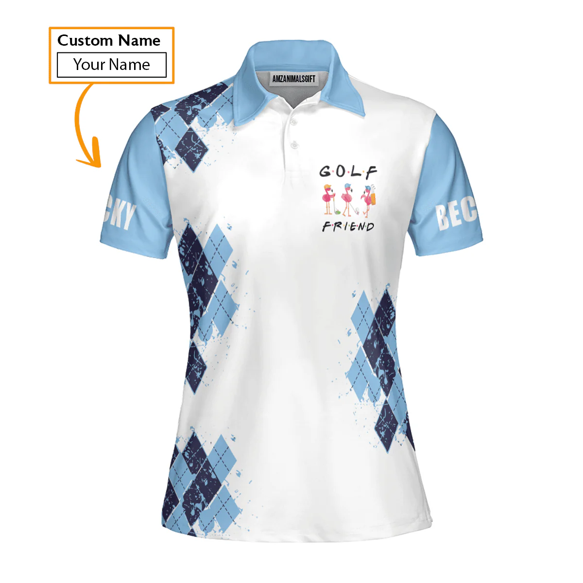 Golf Custom Name Women Polo Shirt, Light Blue Flamingo Play Golf Golf Friend Personalized Women Polo Shirt - Gift For Ladies, Golf Lovers, Golfers - Image 3