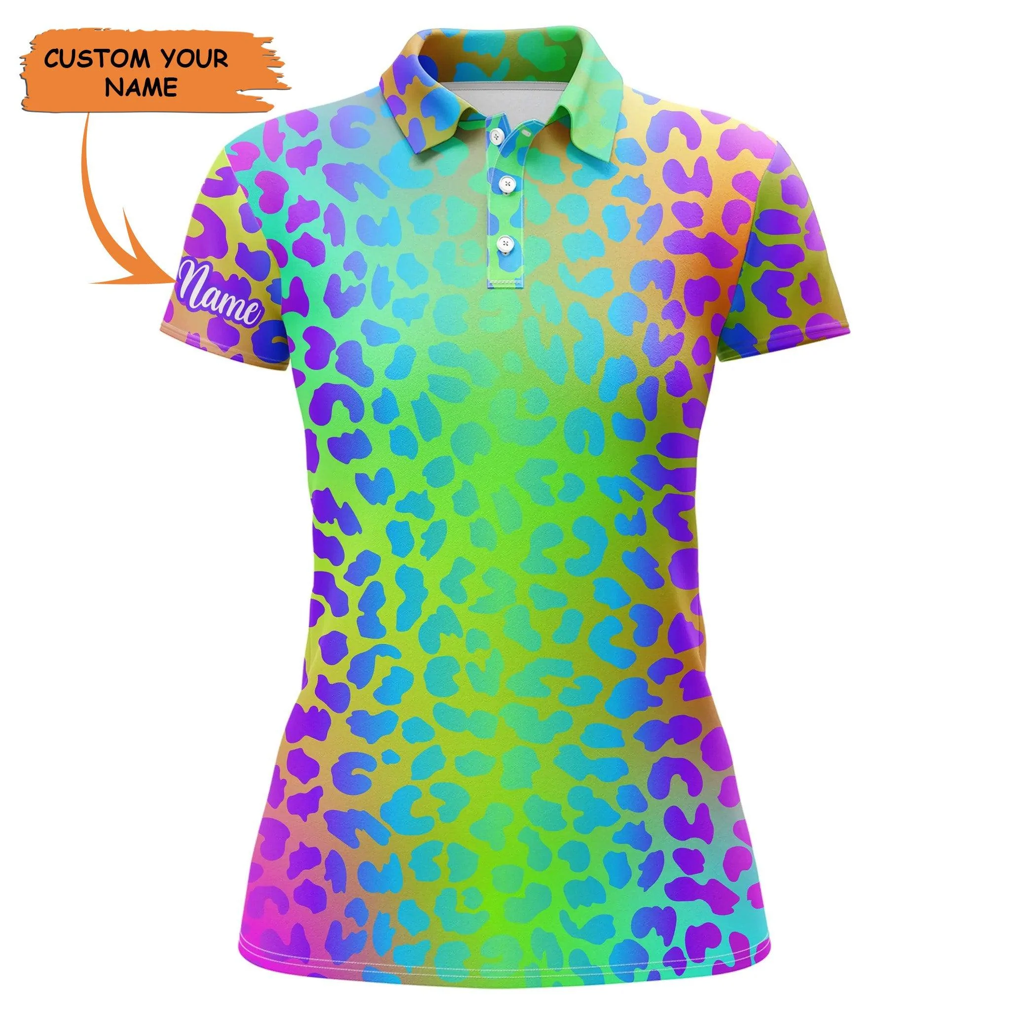 Golf Custom Name Women Polo Shirt, Neon Rainbow Leopard Pattern Personalized Women Polo Shirt - Perfect Gift For Ladies, Golf Lovers, Golfers