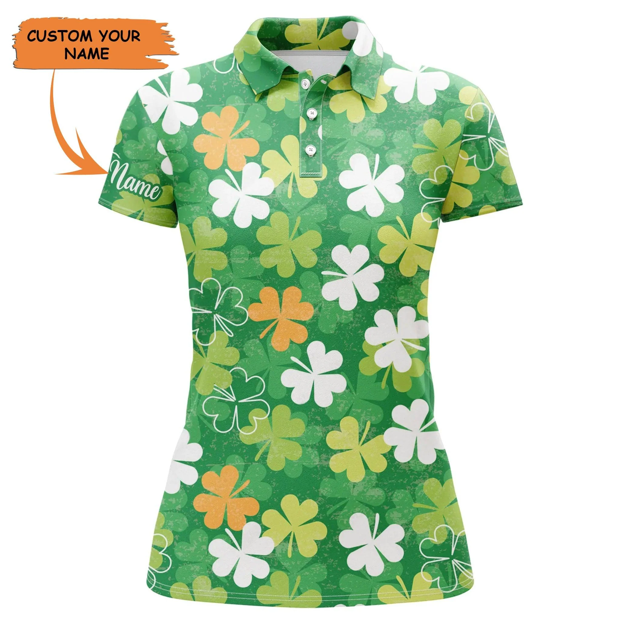 Golf Custom Name Women Polo Shirt, Patrick's Day White Green Clover Pattern Personalized Women Polo Shirt - Perfect Gift For Golf Lovers, Golfers