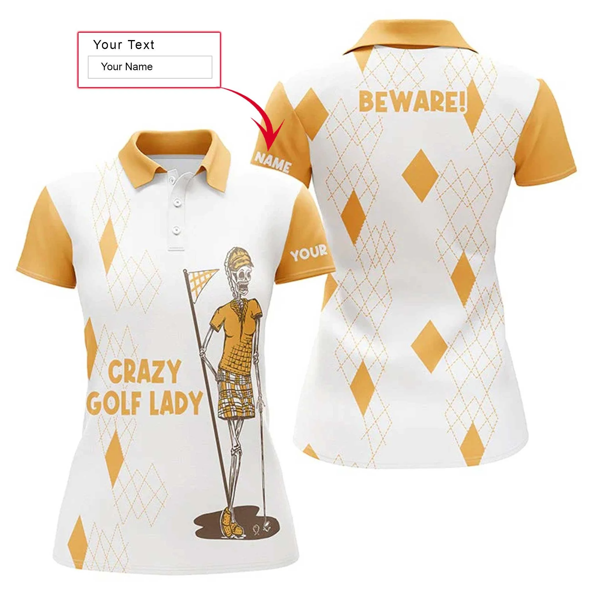 Golf Custom Name Women Polo Shirt, Personalized Funny Skull Crazy Golf Lady Beware Women Polo Shirt, Perfect Gift For Female, Golf Lovers, Golfers