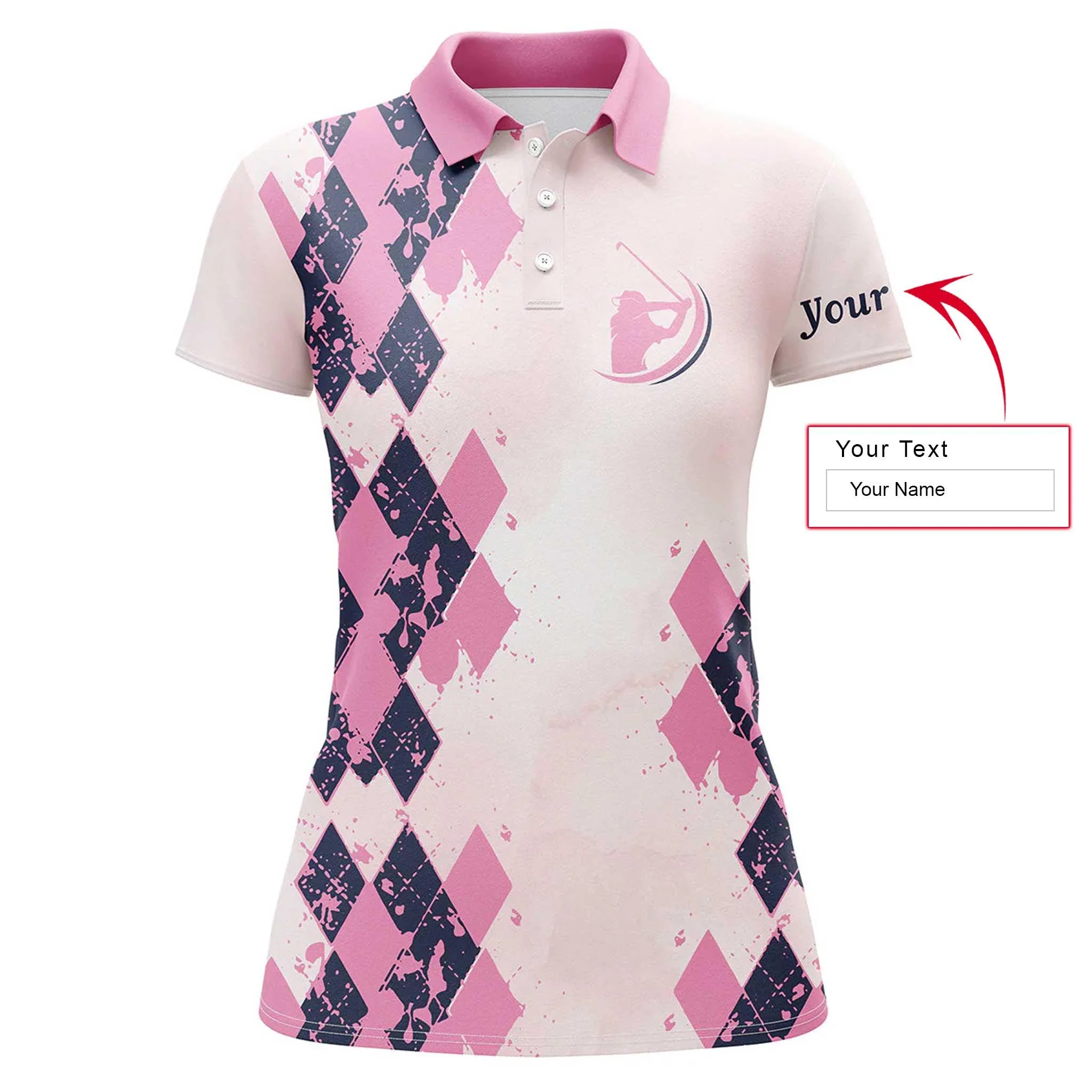 Golf Custom Name Women Polo Shirt, Pink Argyle Pattern Personalized Women Polo Shirts, Unique Golf Gift For Ladies, Golfers, Golf Sport Lovers