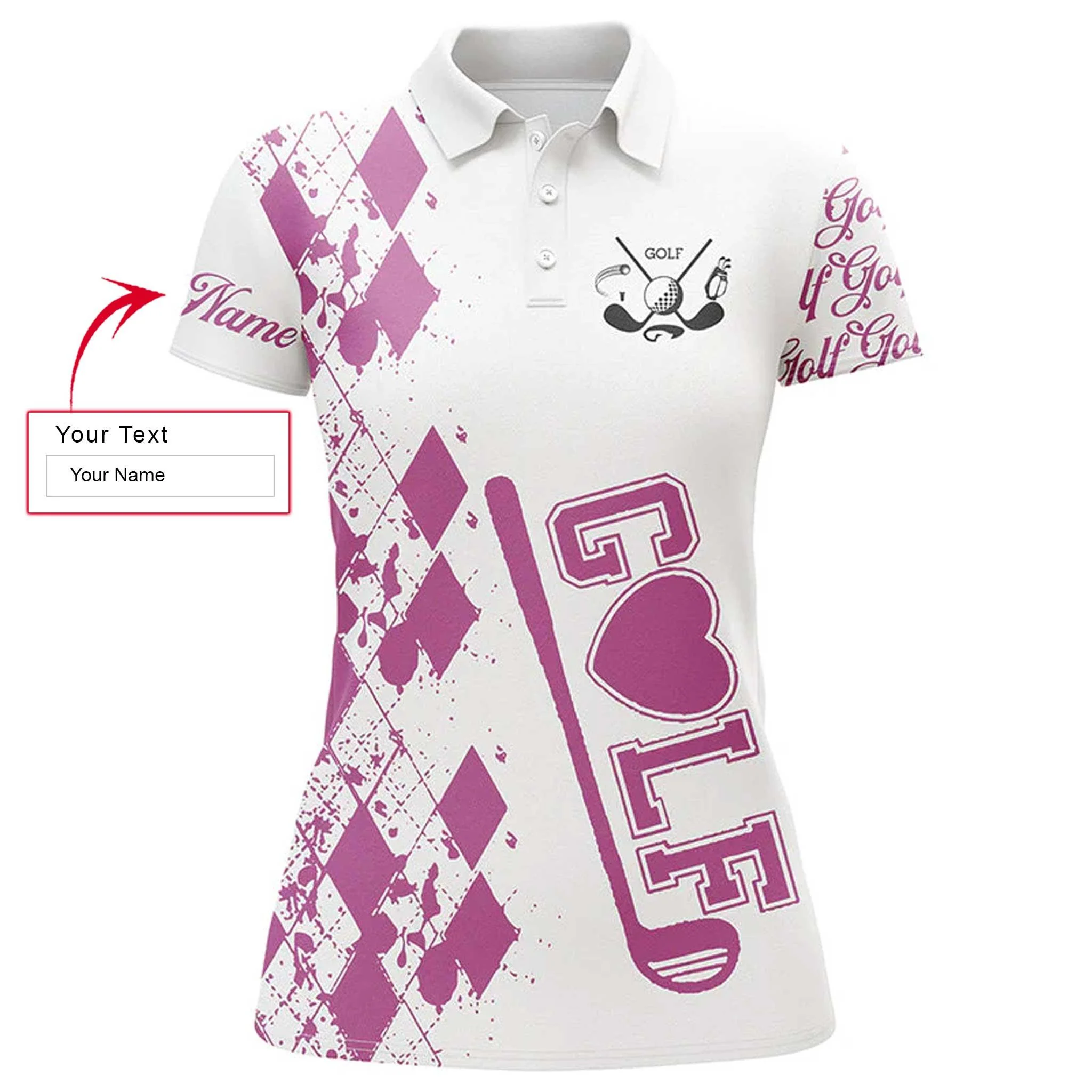 Golf Custom Name Women Polo Shirt, Pink Golf Clubs White Personalized Women Polo Shirts, Best Golfing Gift For Ladies, Golfers, Golf Lovers