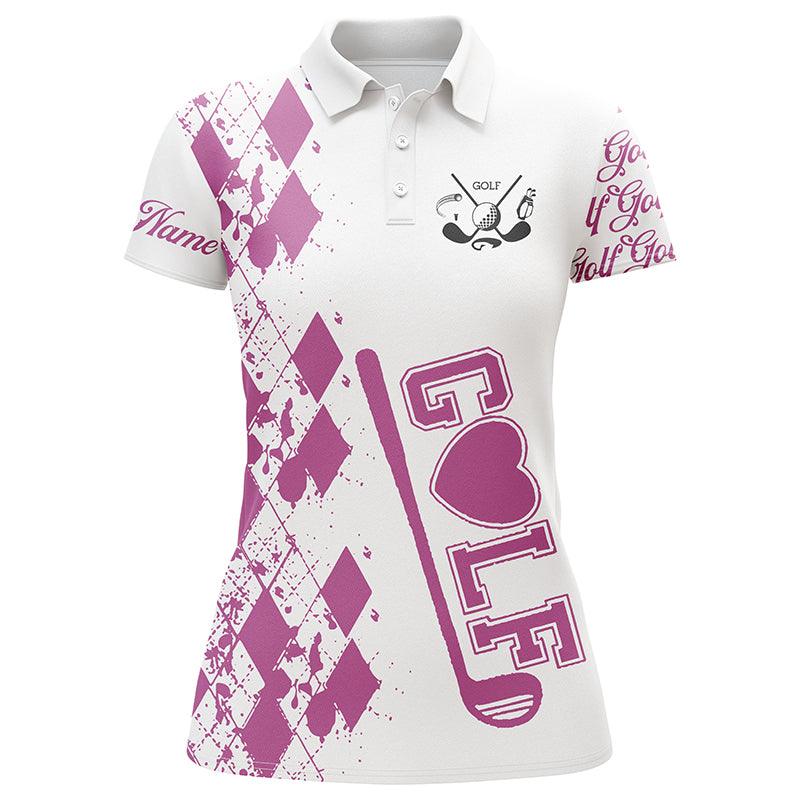 Golf Custom Name Women Polo Shirt, Pink Golf Clubs White Personalized Women Polo Shirts, Best Golfing Gift For Ladies, Golfers, Golf Lovers - Image 2