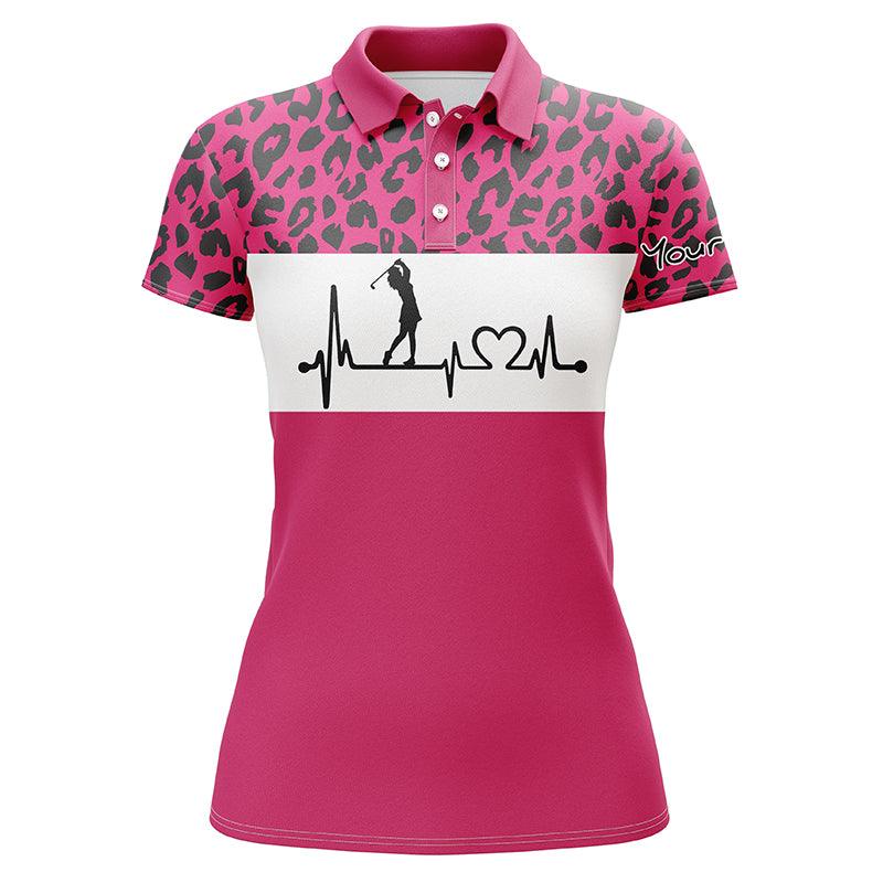 Golf Custom Name Women Polo Shirt, Pink Leopard Pattern Heartbeat Personalized Women Polo Shirts, Golfing Gift For Ladies, Golfers, Golf Lovers - Image 3