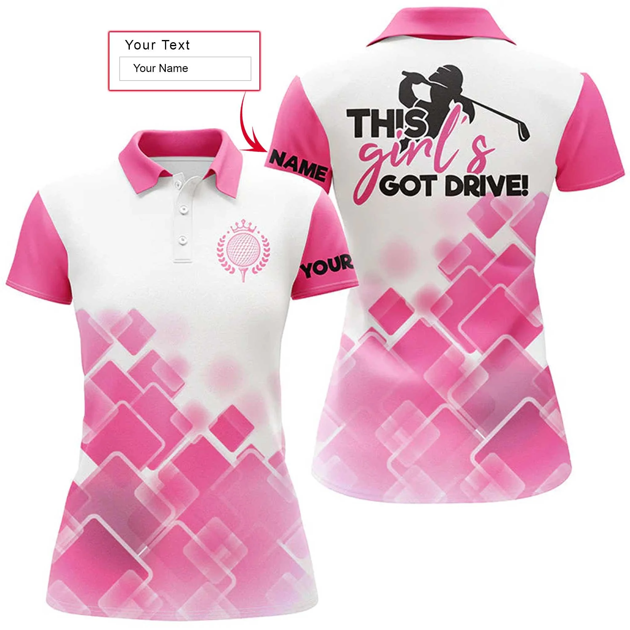 Golf Custom Name Women Polo Shirt, Pink Pattern, This Girl's Got Drive Personalized Women Polo Shirts, Golf Top, Gift For Ladies, Golf Lovers, Golfers