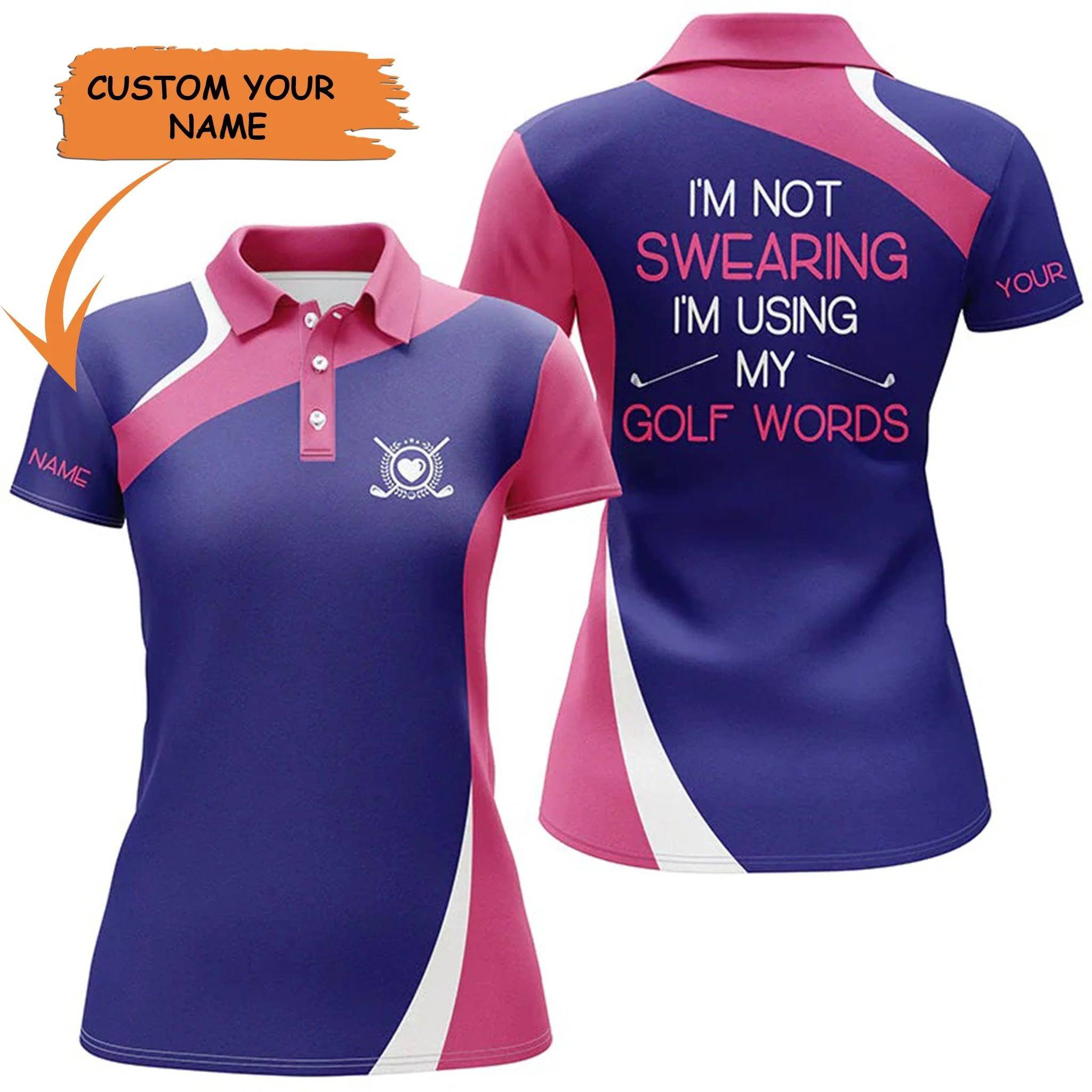 Golf Custom Name Women Polo Shirt, Pink Purple I'm Using My Golf Words Personalized Women Polo Shirt - Perfect Gift For Ladies, Golf Lovers, Golfers