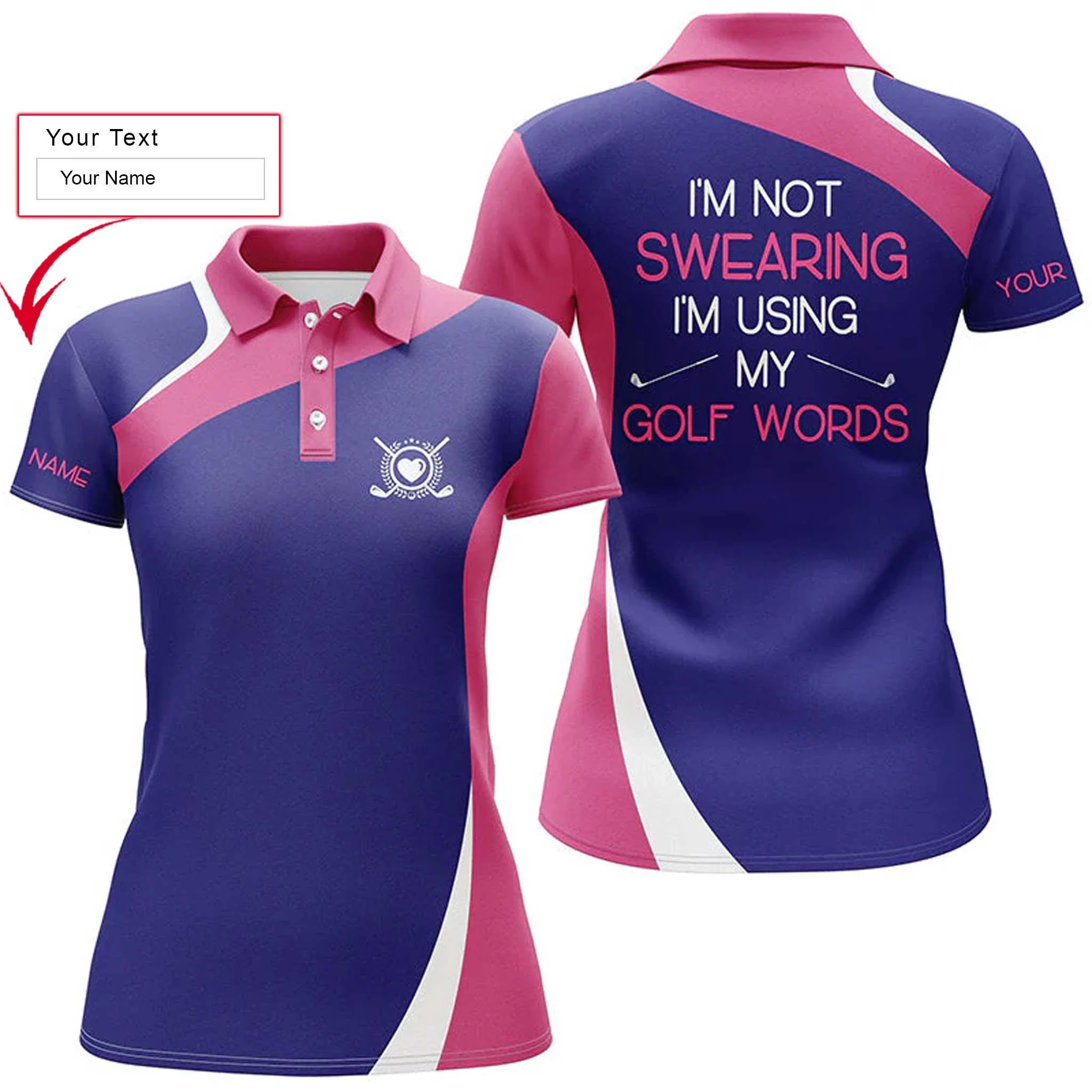 Golf Custom Name Women Polo Shirt, Pink Purple Personalized Women Polo Shirts, Golfing Gift For Ladies, I'm Not Swearing I'm Using My Golf Words
