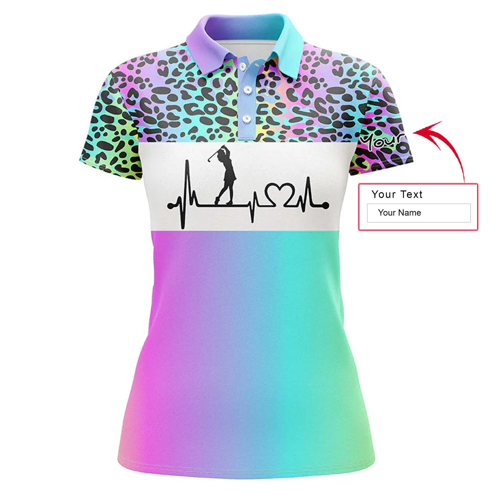 Golf Custom Name Women Polo Shirt, Rainbow Gradient Leopard Heartbeat Personalized Women Polo Shirts, Golfing Gift For Ladies, Golfers, Golf Lovers - Image 3