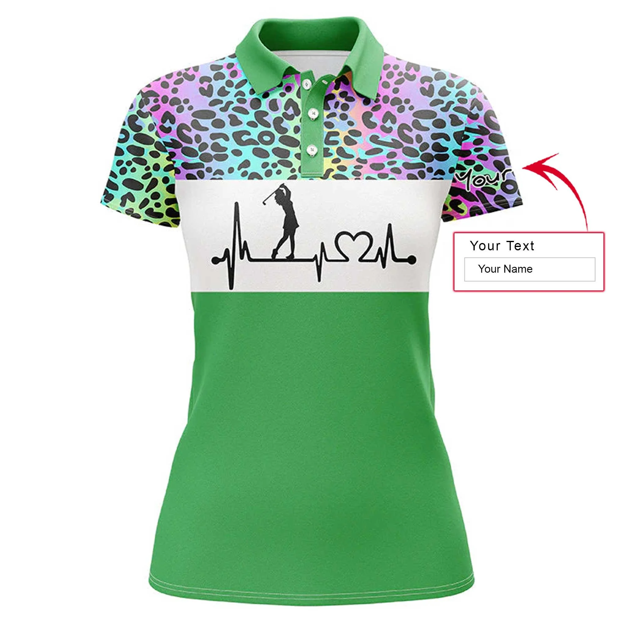 Golf Custom Name Women Polo Shirt, Rainbow Gradient Leopard Heartbeat Personalized Women Polo Shirts, Golfing Gift For Ladies, Golfers, Golf Lovers - Image 5