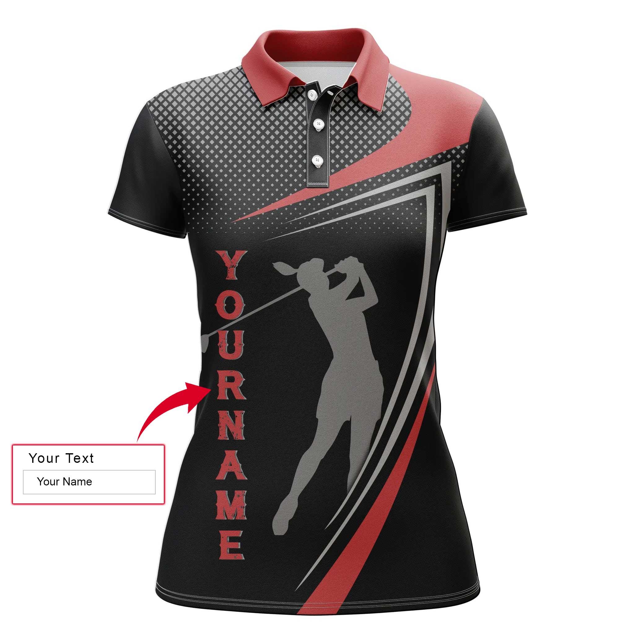 Golf Custom Name Women Polo Shirt, Red And Black Sports Golf Golfer Silhouette Personalized Women Polo Shirts, Gift For Ladies, Golfers, Golf Lovers