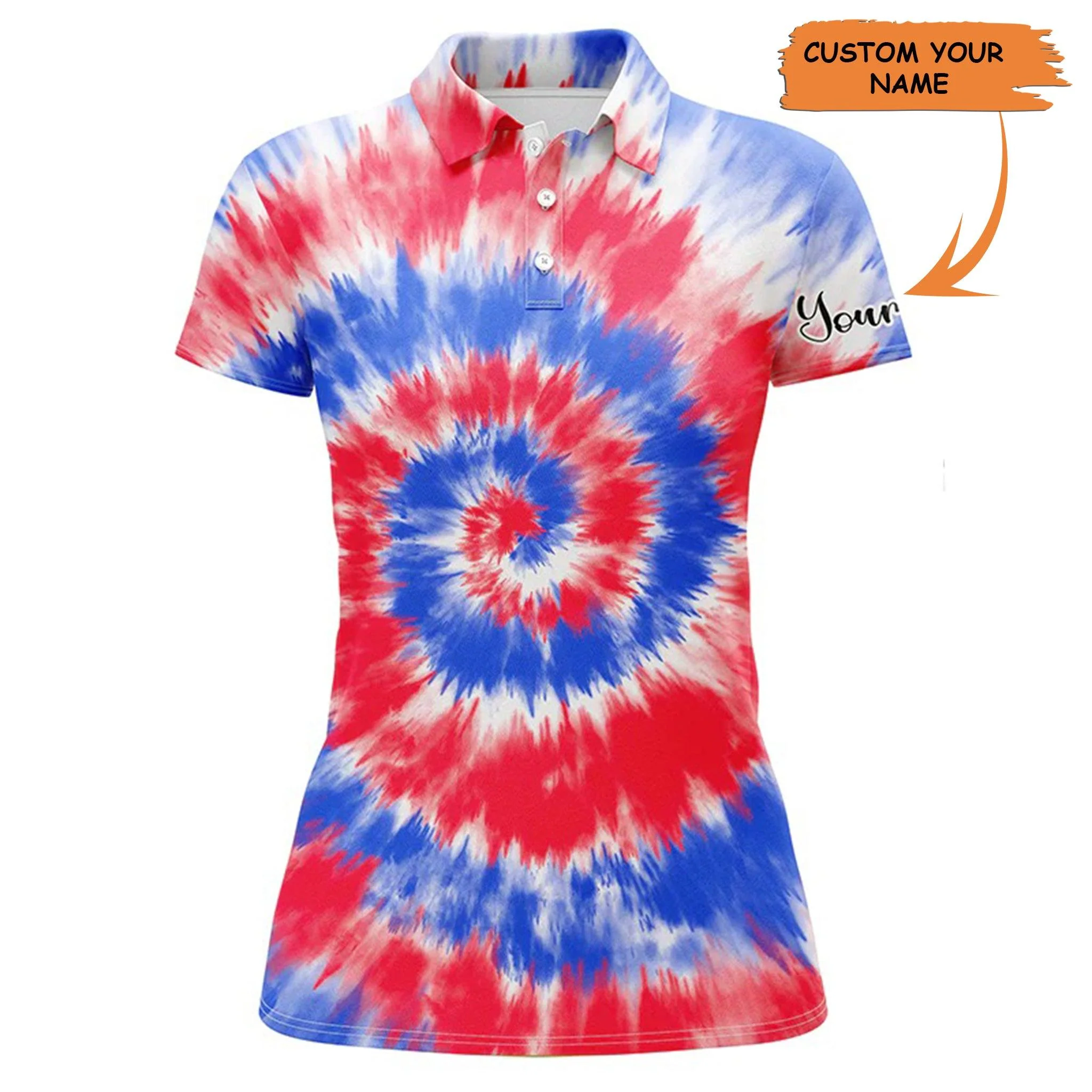 Golf Custom Name Women Polo Shirt, Red And Blue Tie Dye Background Personalized Women Polo Shirt - Perfect Gift For Ladies, Golf Lovers, Golfers