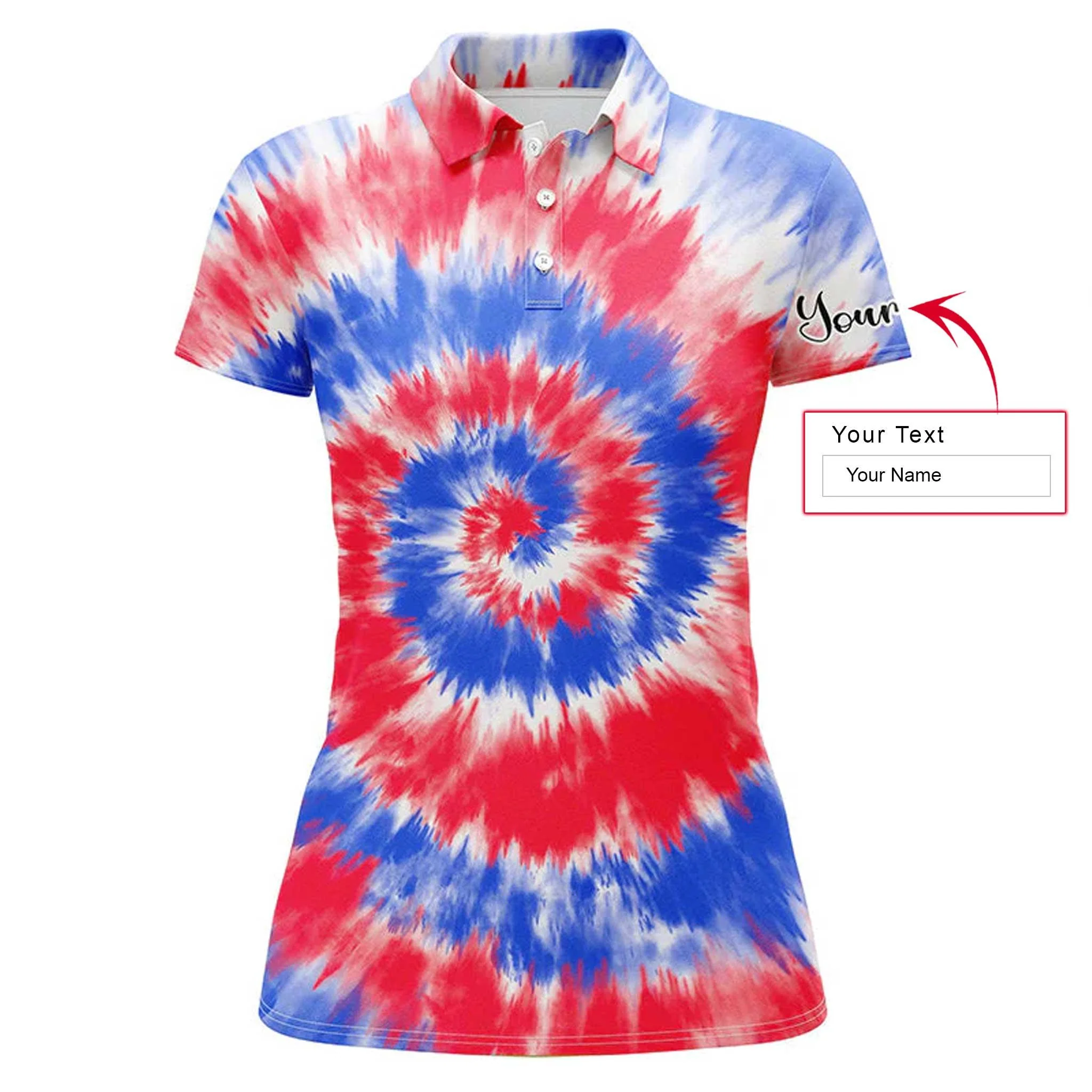 Golf Custom Name Women Polo Shirt, Red And Blue Tie Dye Background Personalized Women Polo Shirts, Golf Tops, Gift For Ladies, Golf Lovers, Golfers