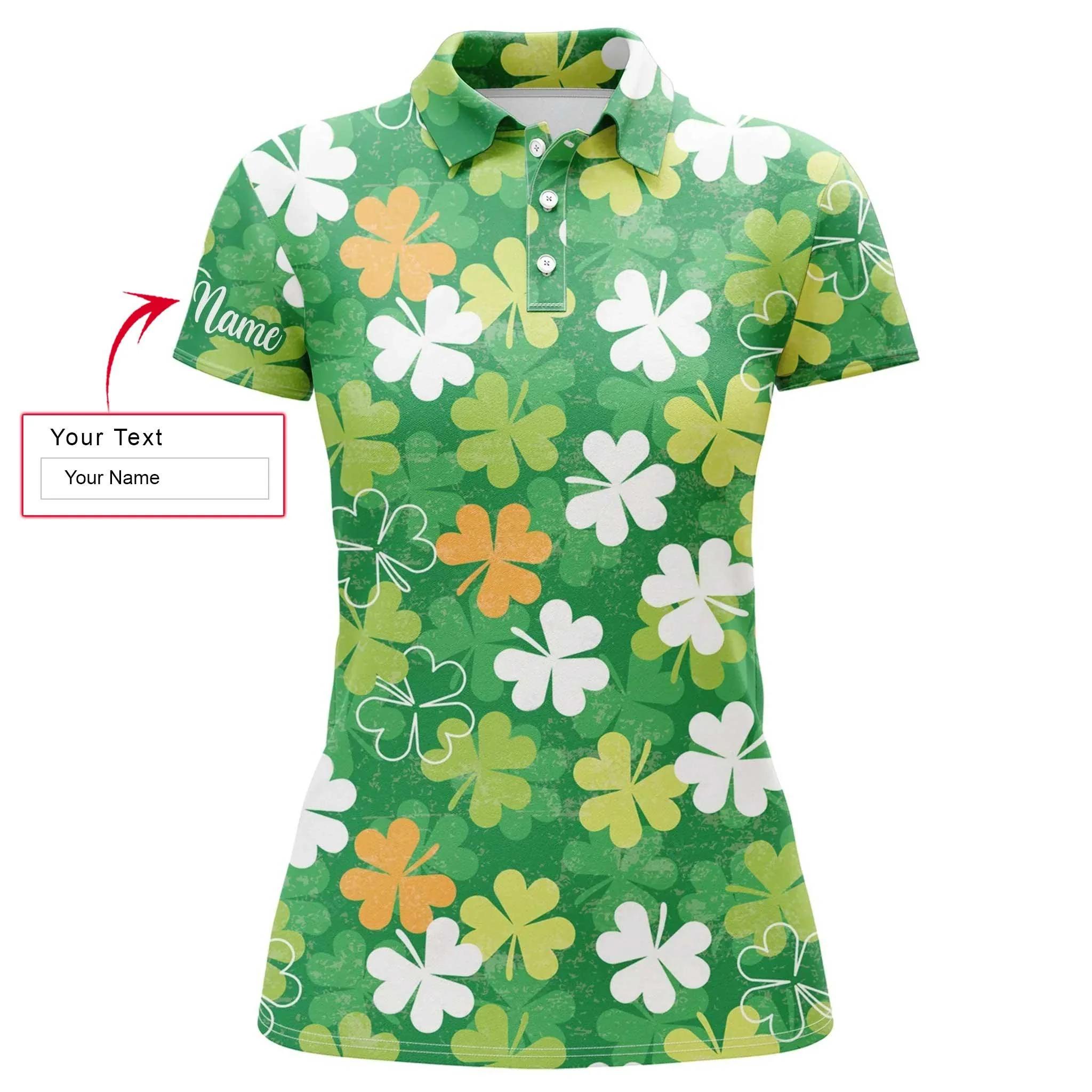 Golf Custom Name Women Polo Shirt, St. Patrick's Day Green Clover Pattern Personalized Women Polo Shirts, Golfers Gift For Ladies, Golf Lovers