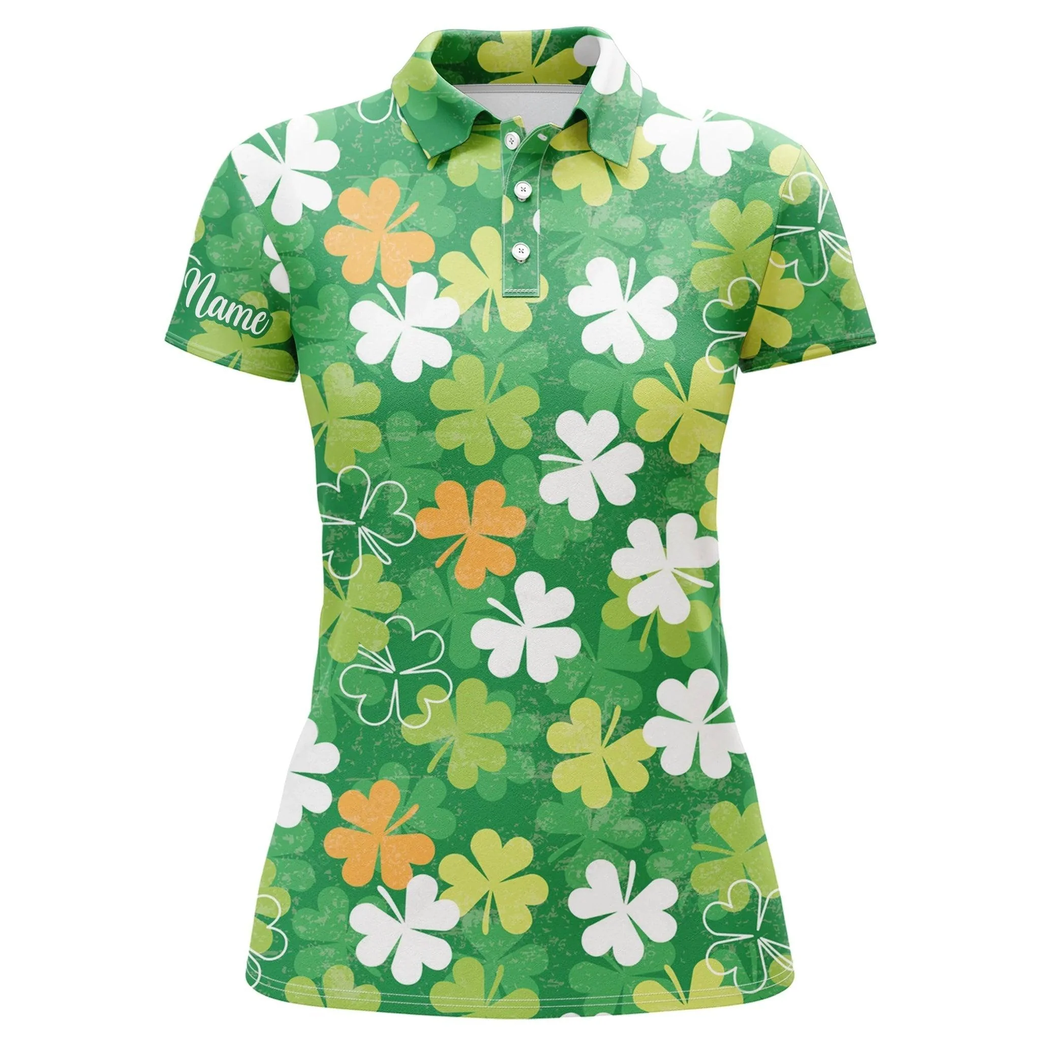 Golf Custom Name Women Polo Shirt, St. Patrick's Day Green Clover Pattern Personalized Women Polo Shirts, Golfers Gift For Ladies, Golf Lovers - Image 2
