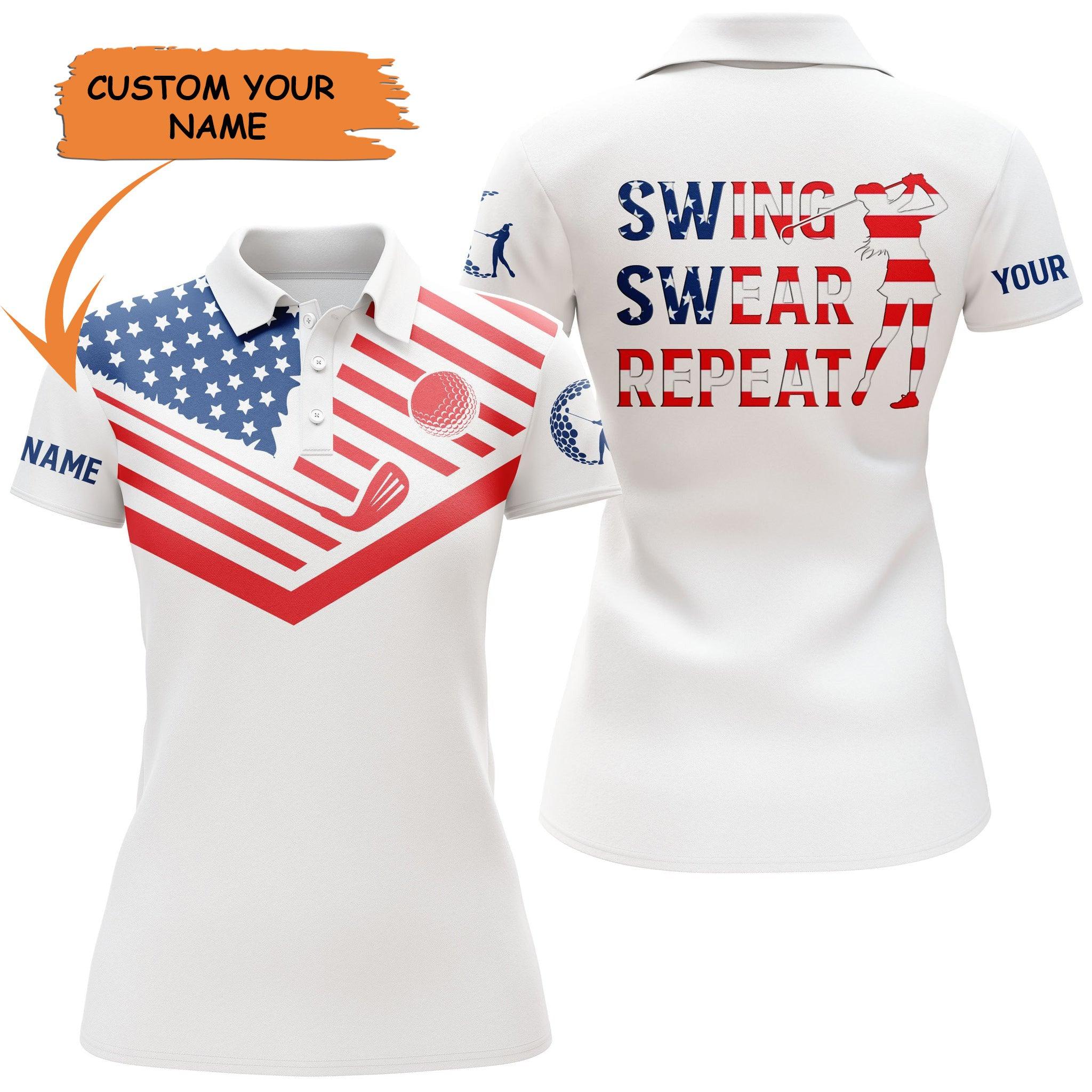 Golf Custom Name Women Polo Shirt, Swing Swear Repeat American flag White Golf Personalized Women Polo Shirt - Gift For Ladies, Golf Lovers, Golfers