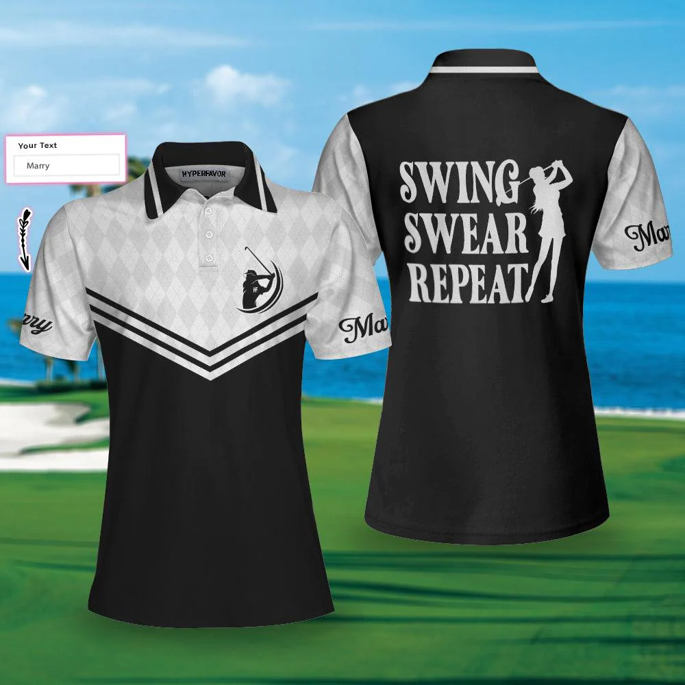 Golf Custom Name Women Polo Shirt, Swing Swear Repeat Black And White Personalized Women Polo Shirts, Golfing Gift For Ladies, Golfers, Golf Lovers
