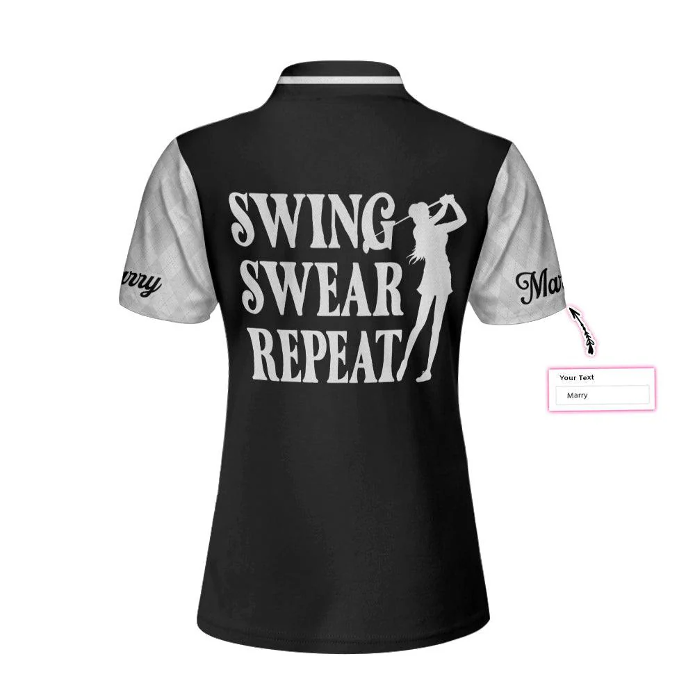 Golf Custom Name Women Polo Shirt, Swing Swear Repeat Black And White Personalized Women Polo Shirts, Golfing Gift For Ladies, Golfers, Golf Lovers - Image 2