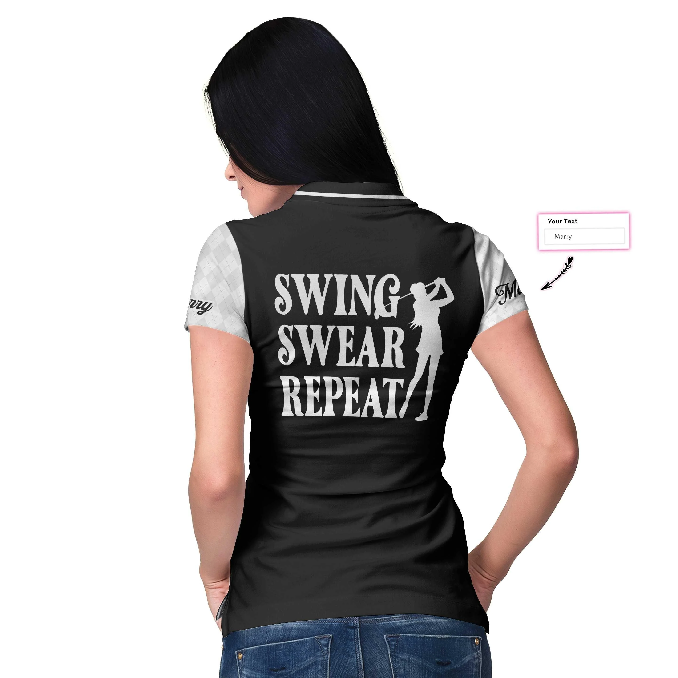 Golf Custom Name Women Polo Shirt, Swing Swear Repeat Black And White Personalized Women Polo Shirts, Golfing Gift For Ladies, Golfers, Golf Lovers - Image 4