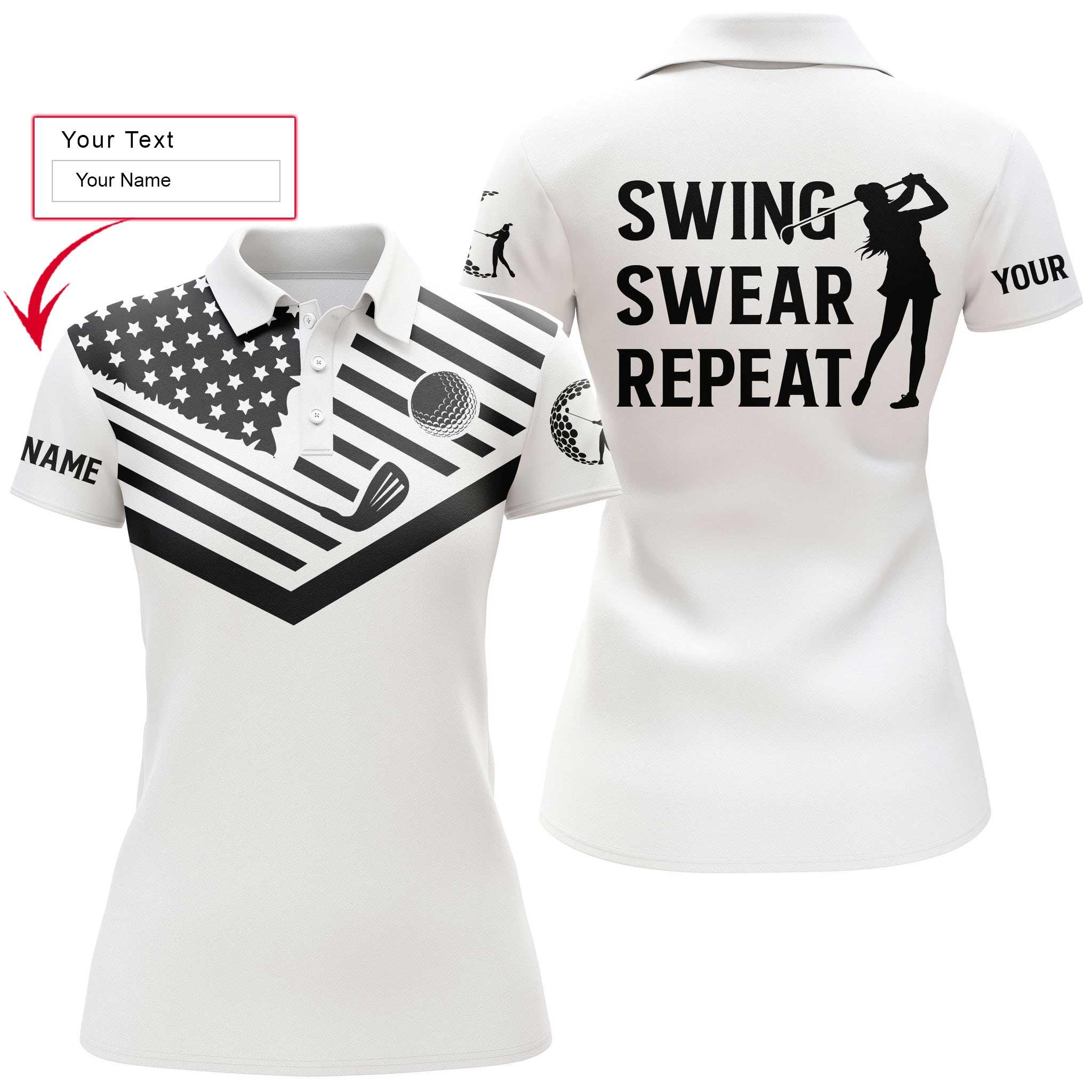 Golf Custom Name Women Polo Shirt, Swing Swear Repeat, Galaxy American Flag Personalized Women Polo Shirts, Gift For Ladies, Golfers, Golf Lovers - Image 2