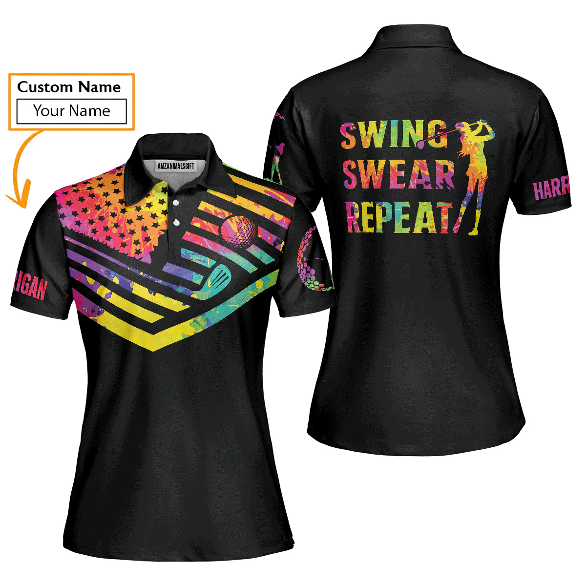 Golf Custom Name Women Polo Shirt, Swing Swear Repeat, Watercolor American Flag Black Personalized Women Polo Shirts, Gift For Female Golfer