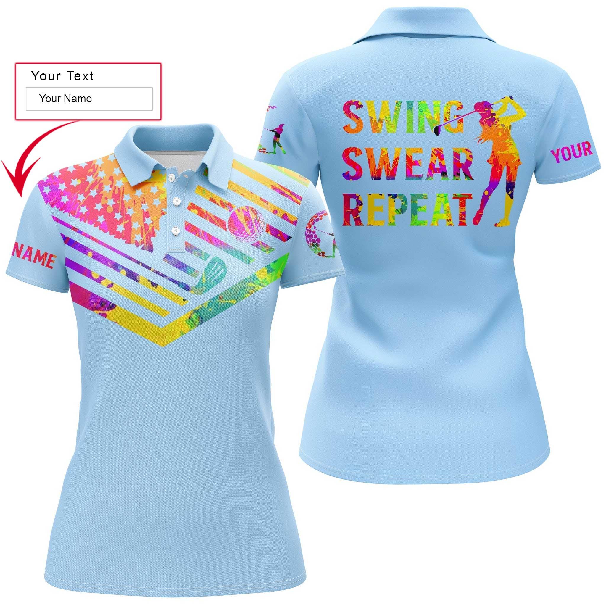 Golf Custom Name Women Polo Shirt, Swing Swear Repeat, Watercolor American Flag Light Blue Personalized Women Polo Shirts, Gift For Golf Lover, Golfer