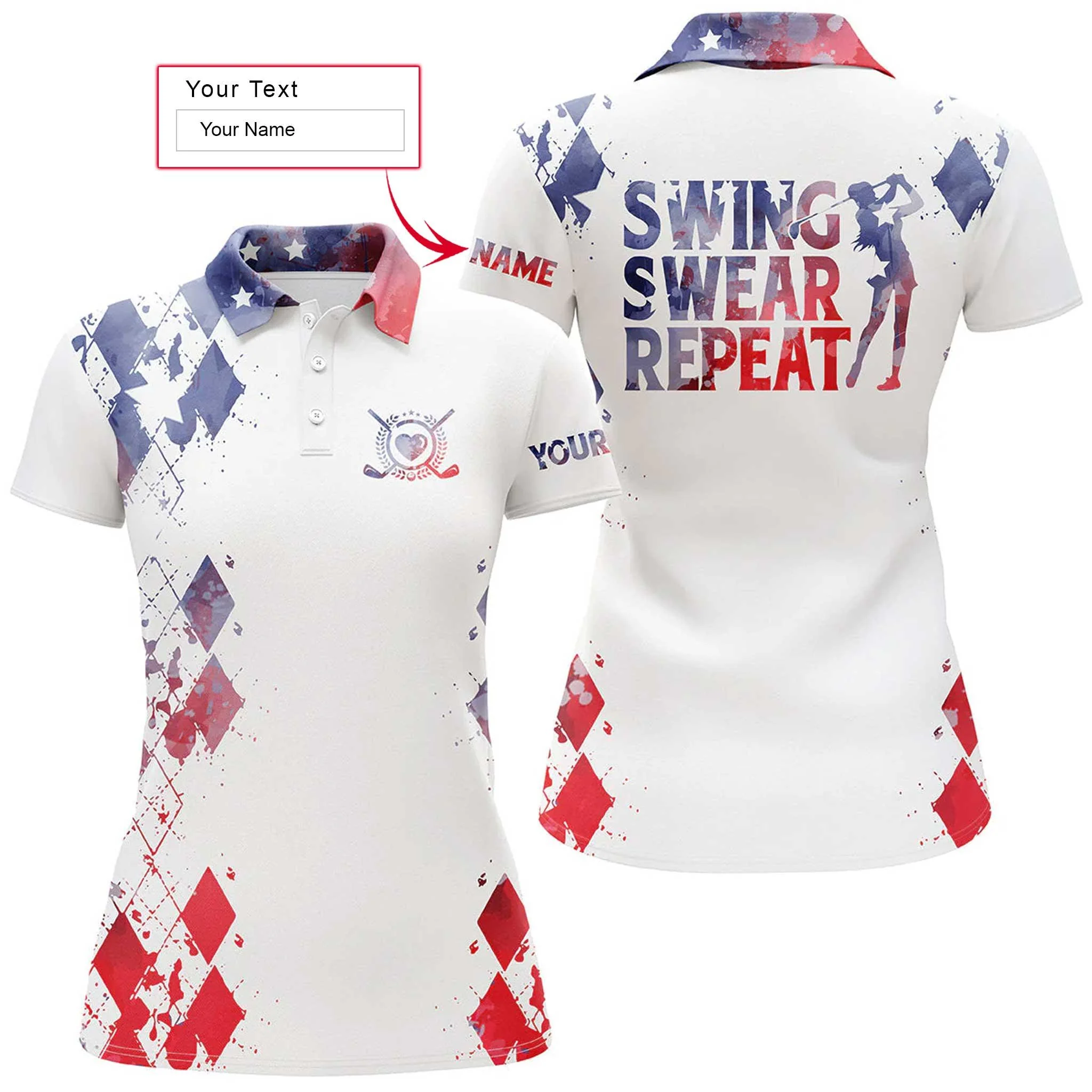 Golf Custom Name Women Polo Shirt, Swing Swear Repeat, Watercolor American Flag Personalized White Women Polo Shirts, Gift For Golf Lovers, Golfers