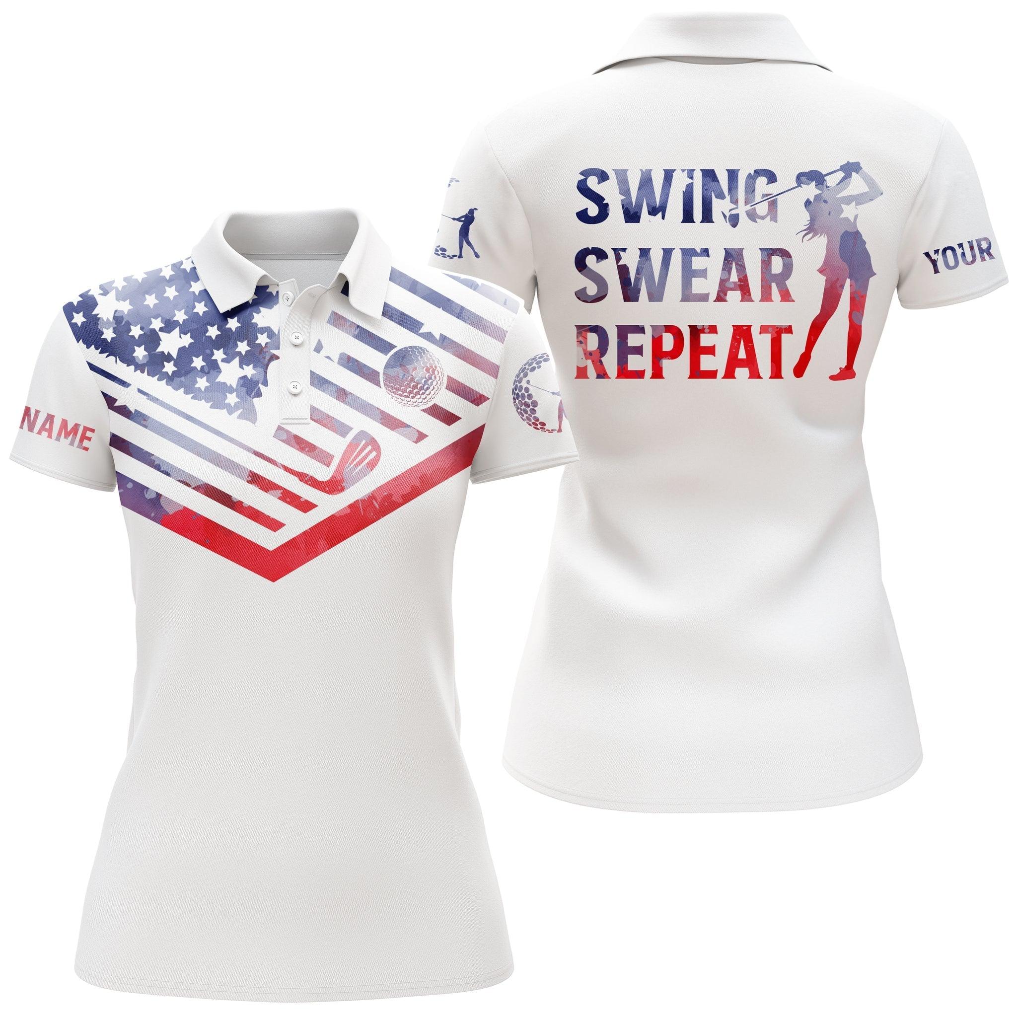 Golf Custom Name Women Polo Shirt, Swing Swear Repeat, Watercolor American Flag Personalized Women Polo Shirts, Gift For Ladies, Golf Lovers, Golfers - Image 2