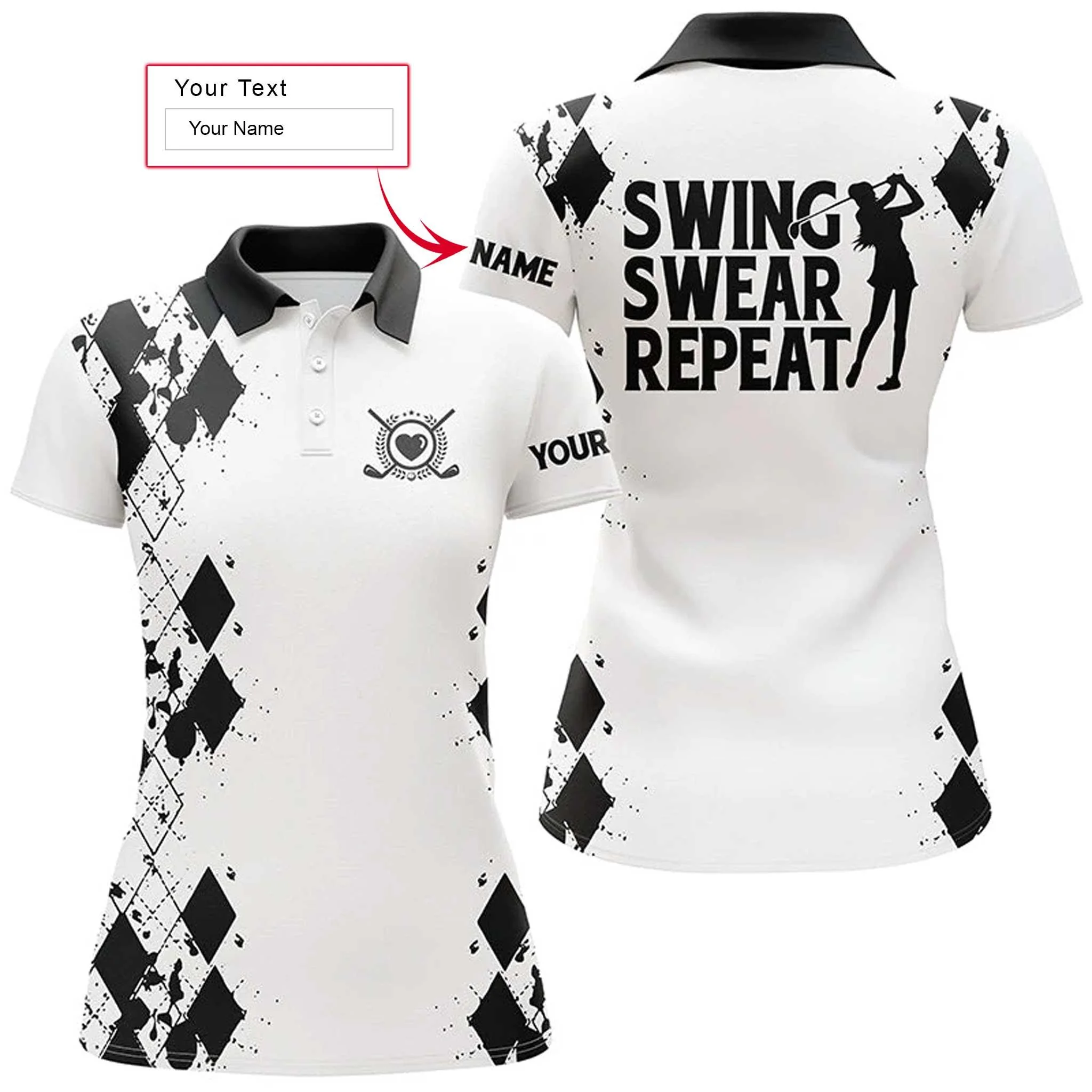 Golf Custom Name Women Polo Shirt, Swing Swear Repeat White Black Golfing Personalized Women Polo Shirts, Gift For Ladies, Golf Lovers, Golfers