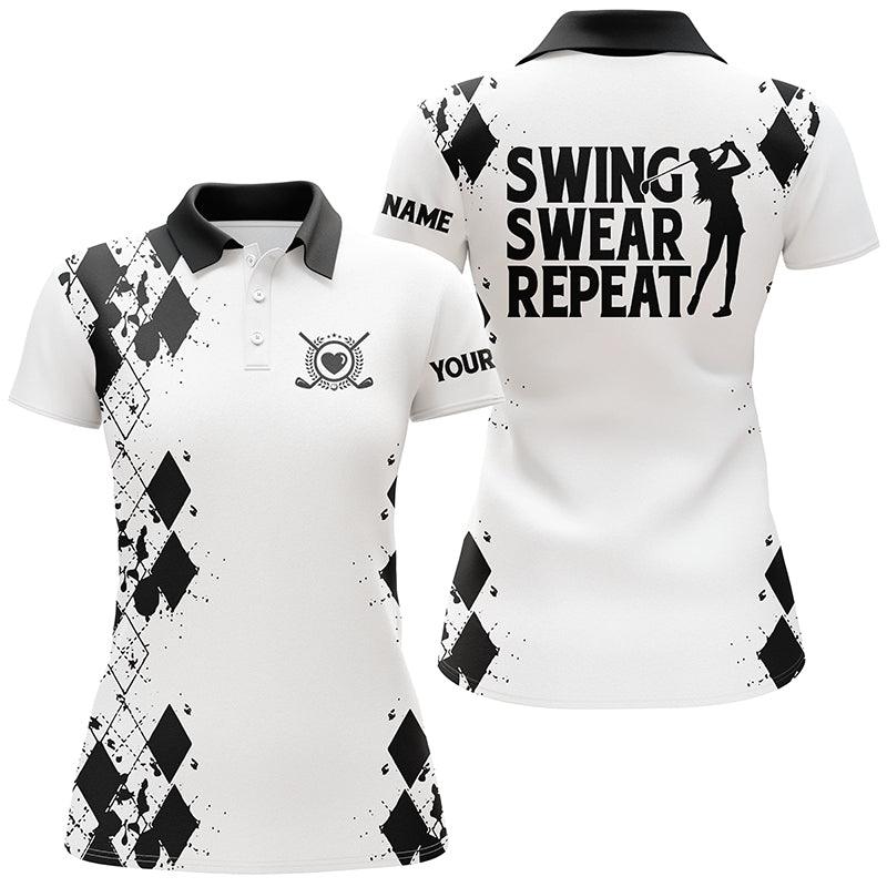 Golf Custom Name Women Polo Shirt, Swing Swear Repeat White Black Golfing Personalized Women Polo Shirts, Gift For Ladies, Golf Lovers, Golfers - Image 2