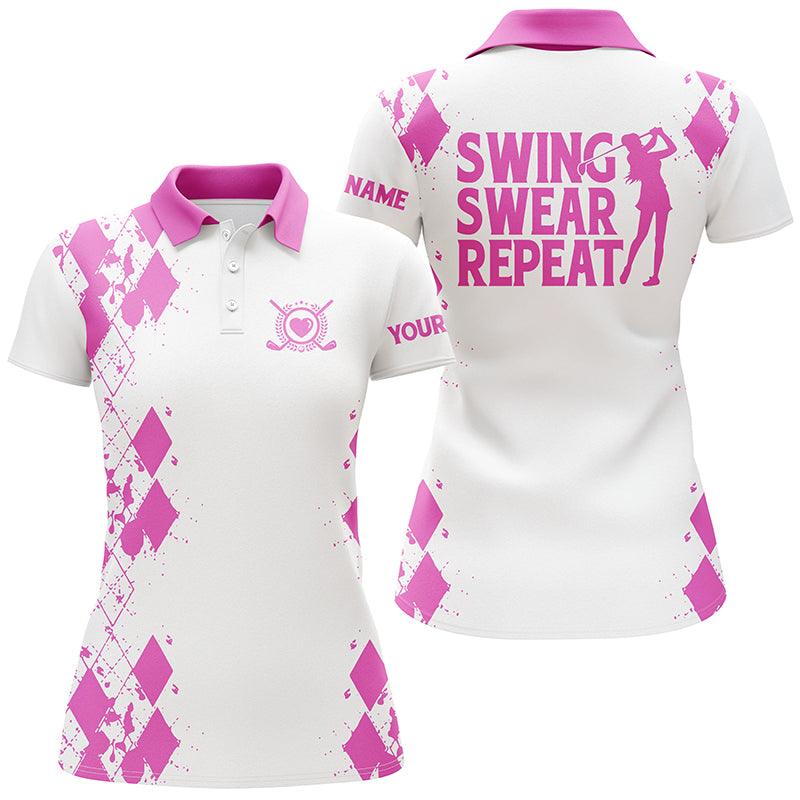 Golf Custom Name Women Polo Shirt, Swing Swear Repeat White Golfing Personalized Women Polo Shirts, Perfect Gift For Ladies, Golf Lovers, Golfers - Image 2
