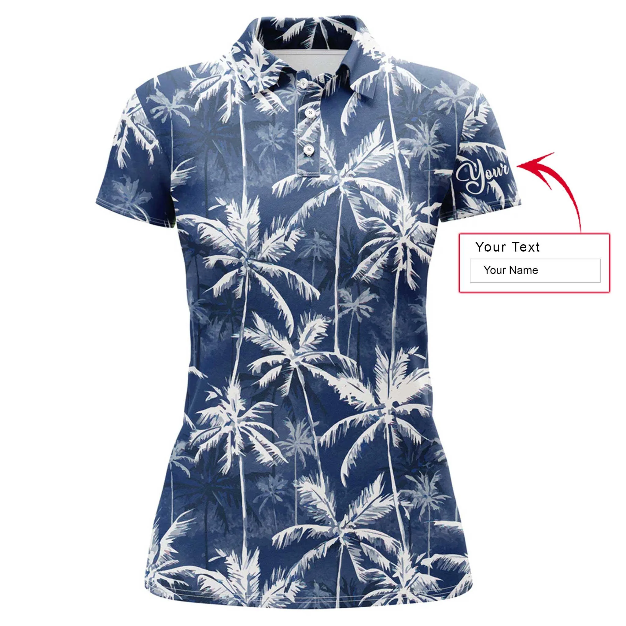 Tropical Custom Name Women Polo Shirt, Tropical Background Blue Watercolor Palms Personalized Women Polo Shirts, Gift For Ladies, Women