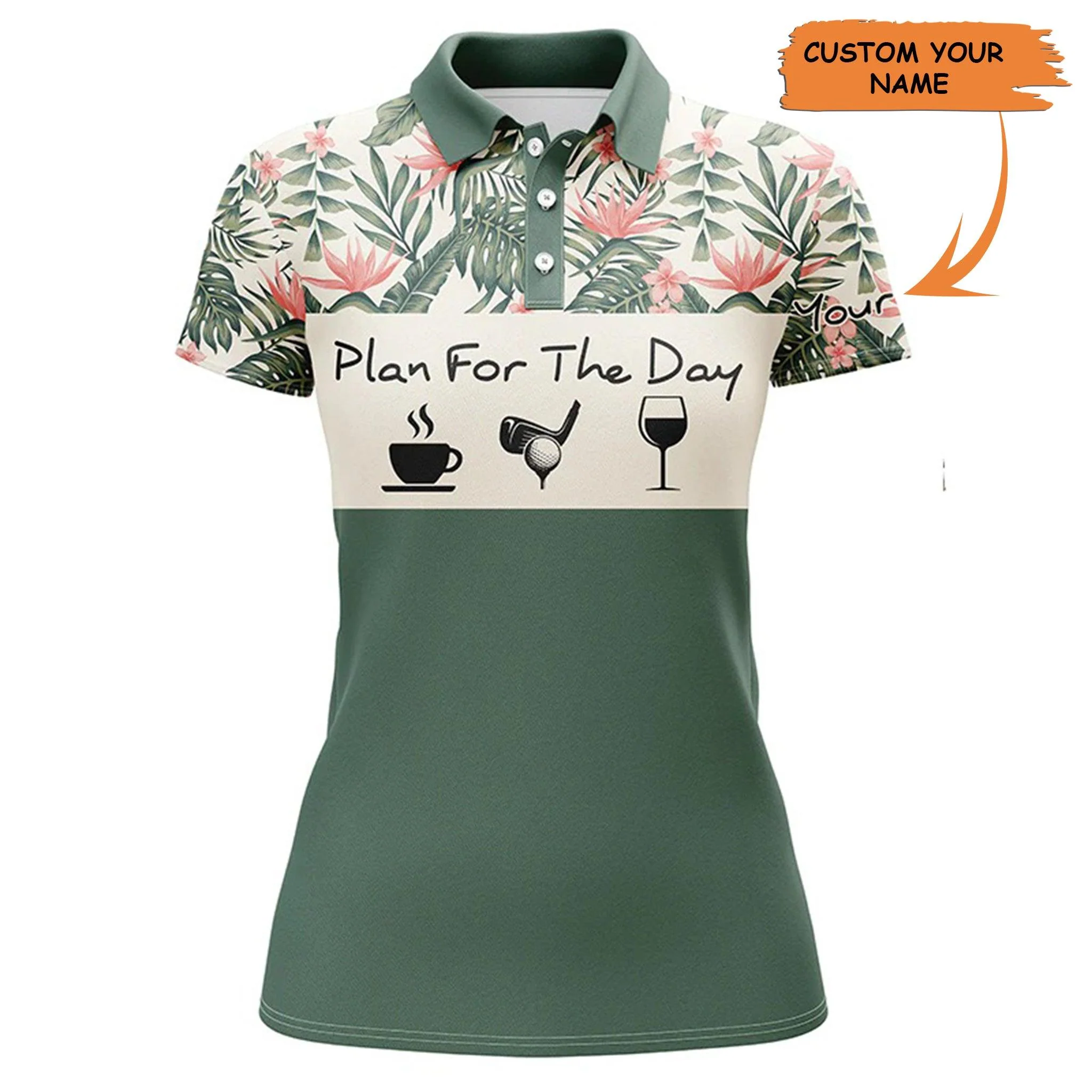 Golf Custom Name Women Polo Shirt, Tropical Green Leaves Coffee Golf Wine Personalized Women Polo Shirt, Perfect Gift For Ladies, Golf Lovers, Golfers