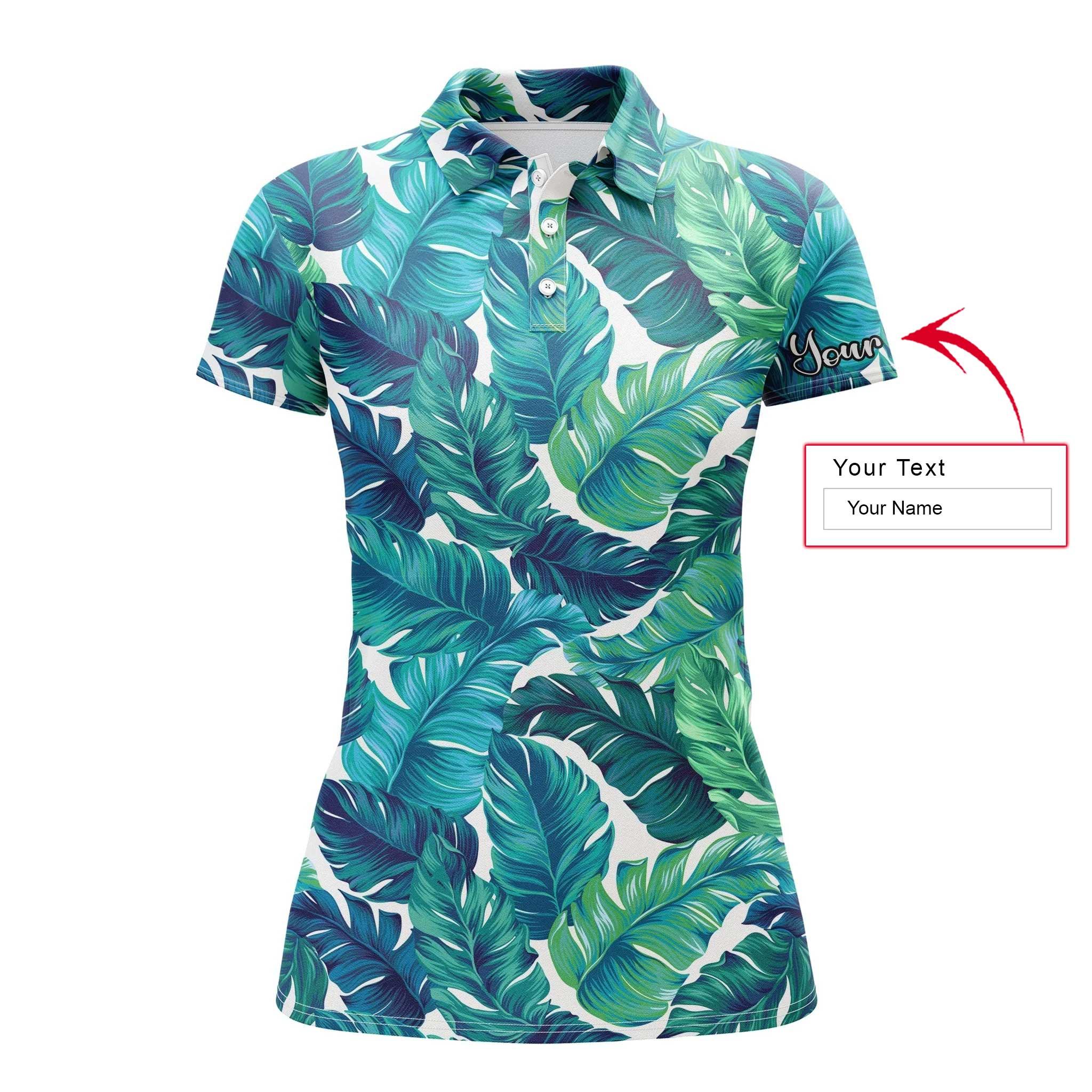 Tropical Custom Name Women Polo Shirt, Turquoise And Green Tropical Leaves Personalized Women Polo Shirts, Gift For Ladies, Women