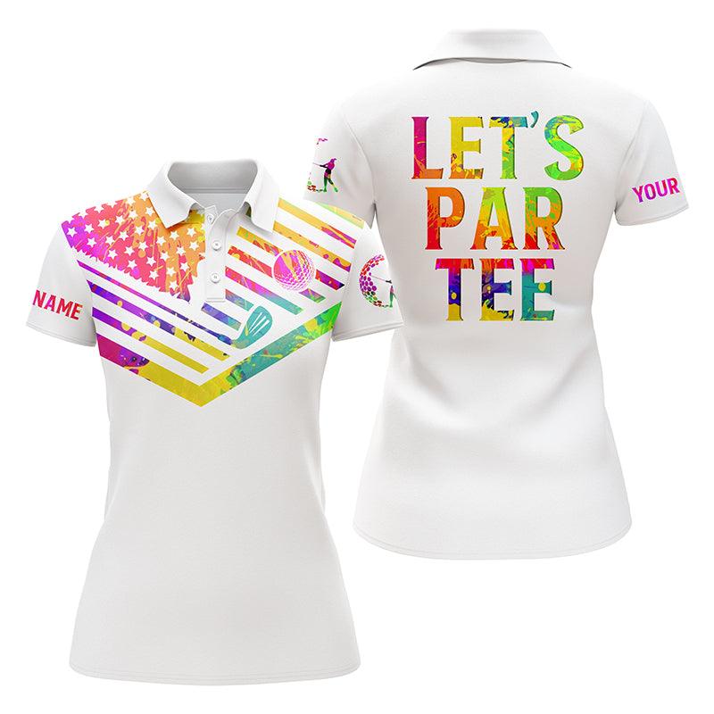 Golf Custom Name Women Polo Shirt, Watercolor American Flag Patriot, Let’s Par Tee White Personalized Women Polo Shirts, Gift For Golf Lovers, Golfers - Image 2